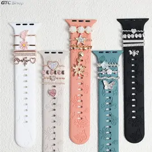 Butterfly Engraved Silicone Watch Band with Decorative Rings, Sport Bracelet Style, Comfortable for Daily and Athletic Use, Compatible with All Apple Watch Series and Sizes, Only Watch Band Included
