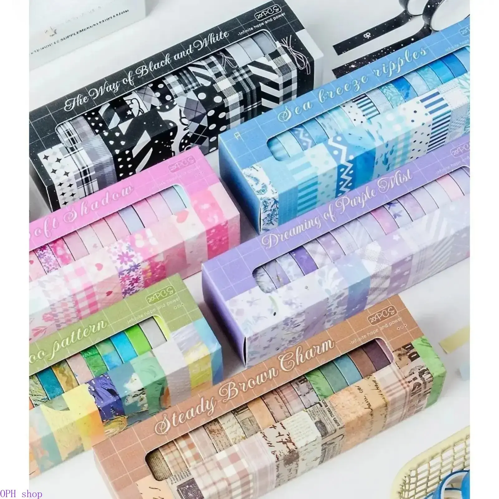 20-Roll Vintage Themed Washi Tape Full Set, Paper Decorative Masking Tape with Light Stripe, Floral, Grid, Plaid Patterns, Easy-to-Use DIY Kit Scrapbook Accessories for Journal Notebook Dividers