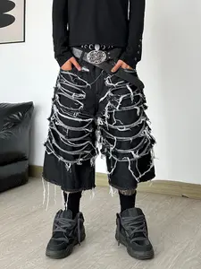 Men's Heavy-Duty Multi-Layer Ripped Edge Jeans Shorts, American Streetwear Distressed Five-Panel Pants, Trendy Loose Straight Fit, Multiple Sizes Available