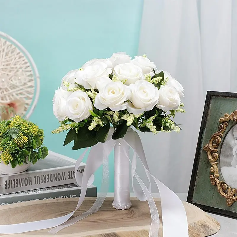 Elegant Artificial Bridal Bouquet, Simple Fabric Flower Hand-Tied Bunch, Realistic Faux Floral Arrangement, Wedding & Event Decor, Home Decoration Bouquets