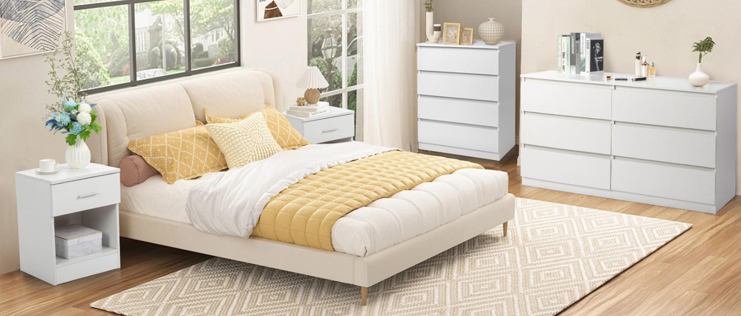 Karl home White 6 Drawer Dresser - Modern Chest of Drawers for Bedroom, Wood Dressers with Deep Drawers, Cut-Out Handles, Anti-Tipping Device, Living Room, Hallway, Entryway - 55-Inch