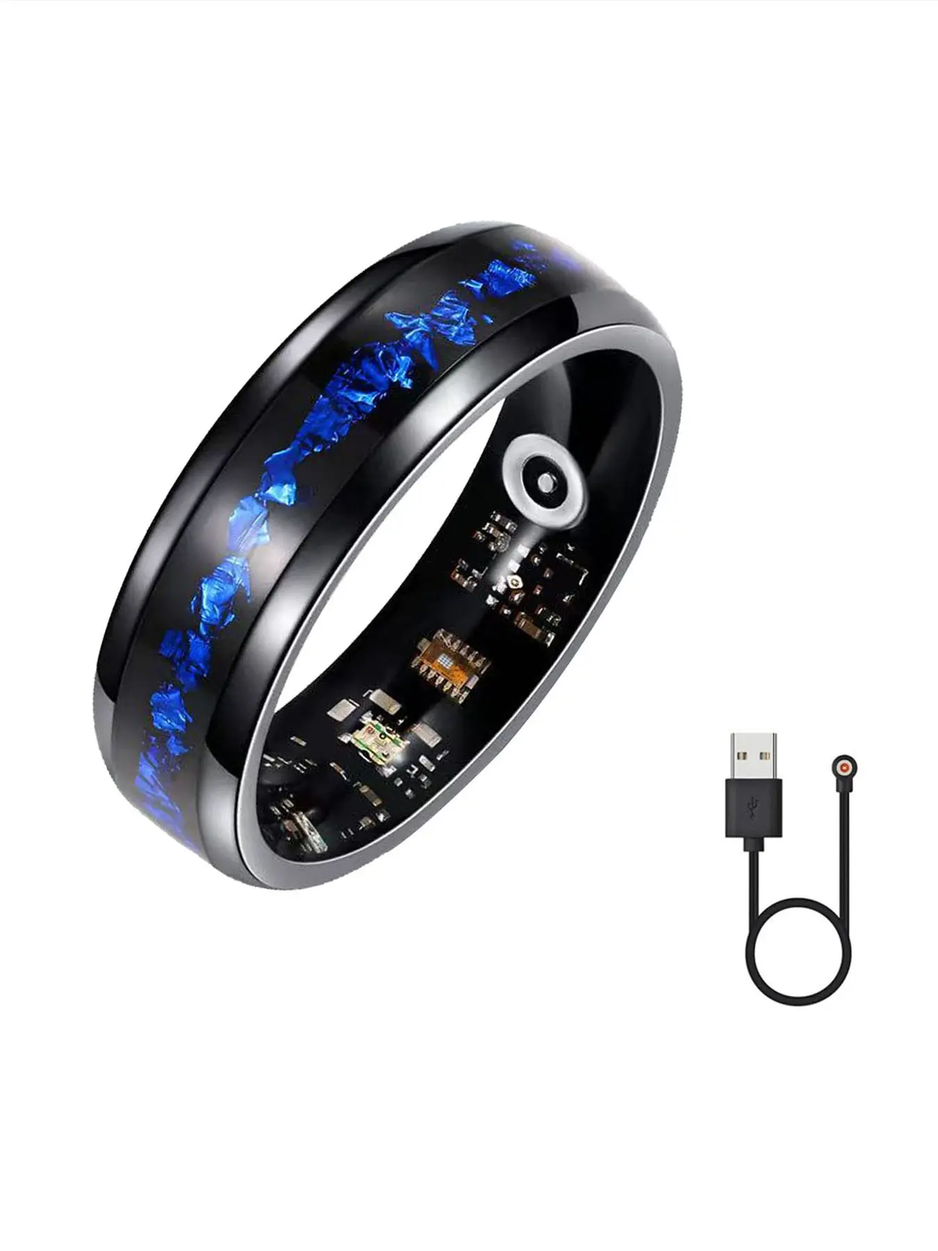 Health tracking ring for men, featuring heart rate, blood oxygen level, sleep monitoring, calorie count, and step count functions. Water-resistant up to IP68 standard. Compatible with both iPhone and Android systems. No subscription fees required.