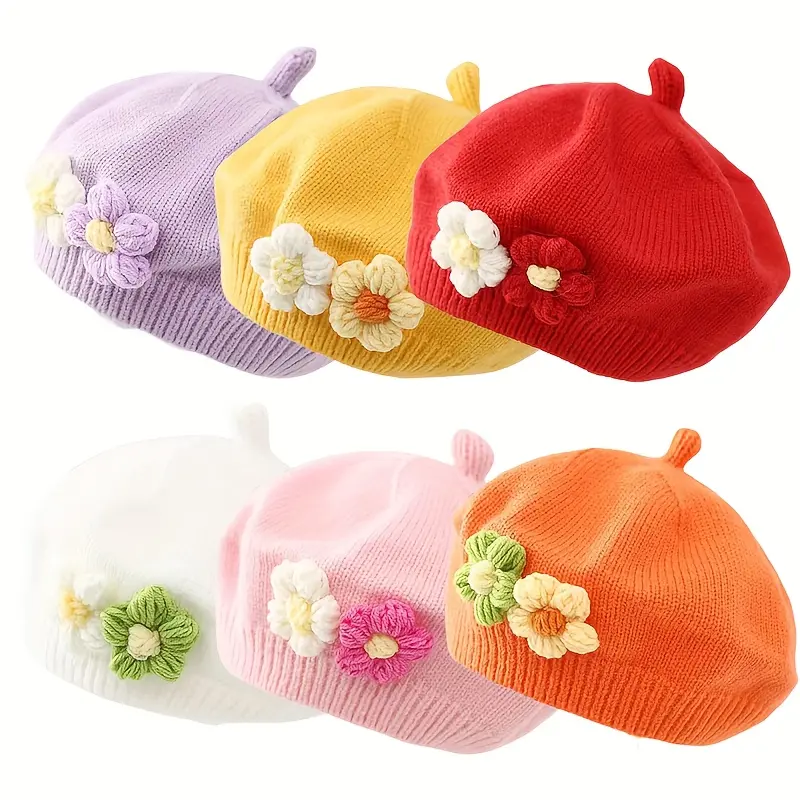 Girls' Knit Fabric Baby Beret Hats, 2pcs/Pack, Stretch-Fit French Beanie with Flower, Soft Winter Cap for 3-36 Months (0-3 Years) Toddlers, Birthday Gift