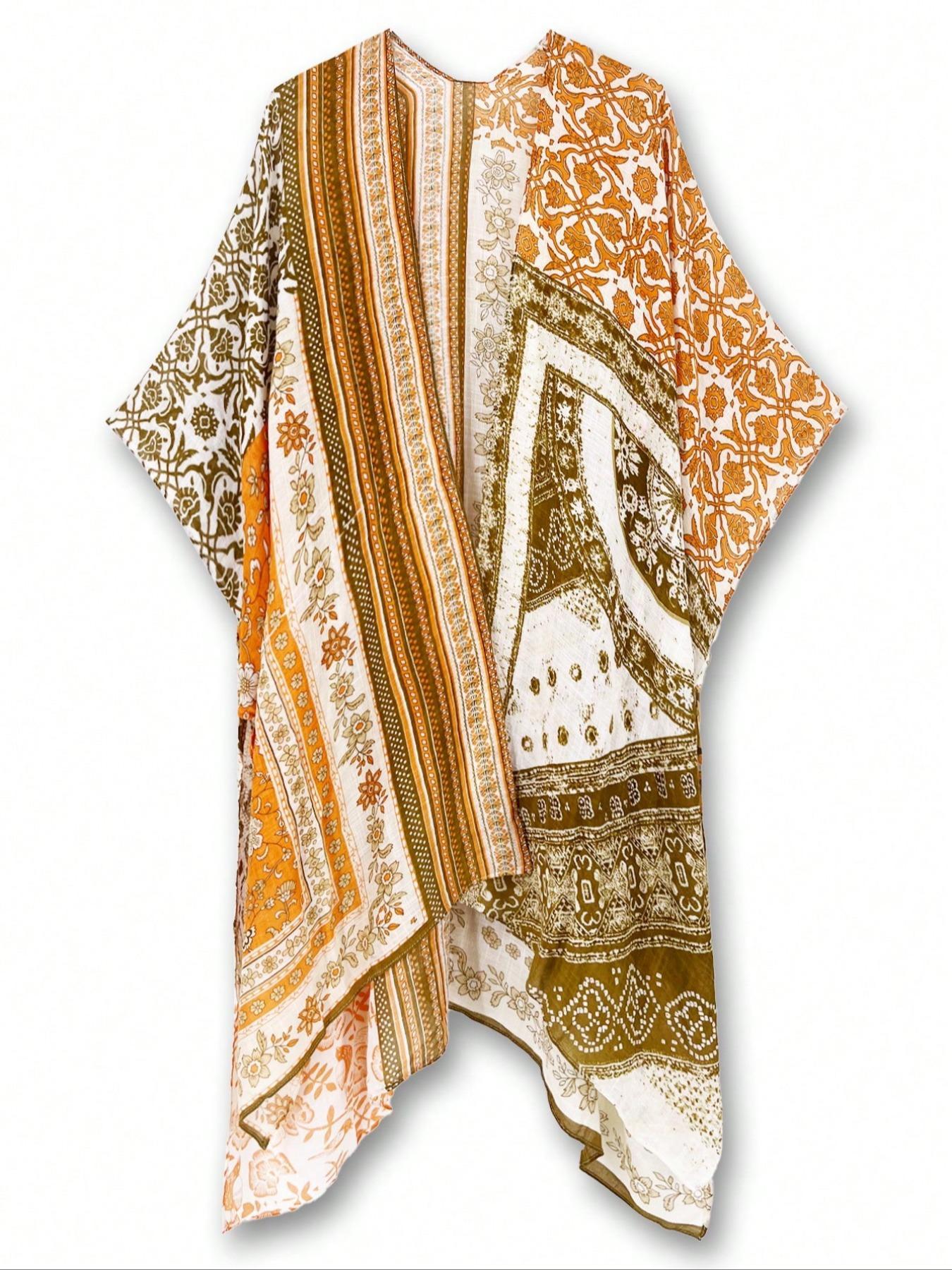 Women's Floral Print Drop Shoulder Cover Up - Casual Long Sleeve Split Hem Open Front, All Seasons Swimwear Coverups for Beach Holiday, Hand Wash Only Sports & Outdoor Swimsuit Accessory