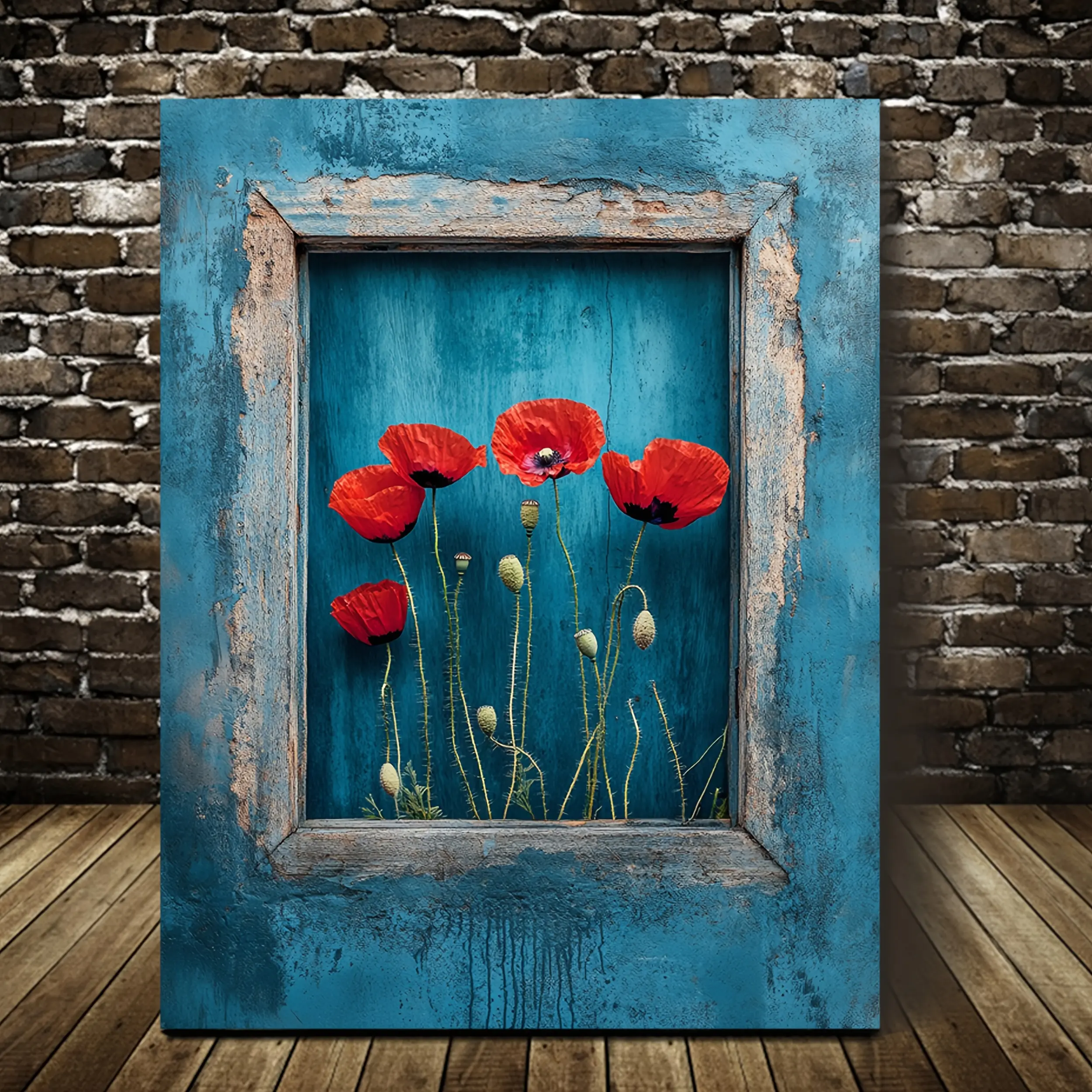 2D Flat, 2D Flat, A Vibrant Red Poppies Canvas Artwork in a Rustic Pine Wood Frame, Featuring a Blue Background. This Nature-Inspired Piece Is Ready to Hang And Perfect for Decorating Your Living Room, Bedroom, Office, Or Kitchen