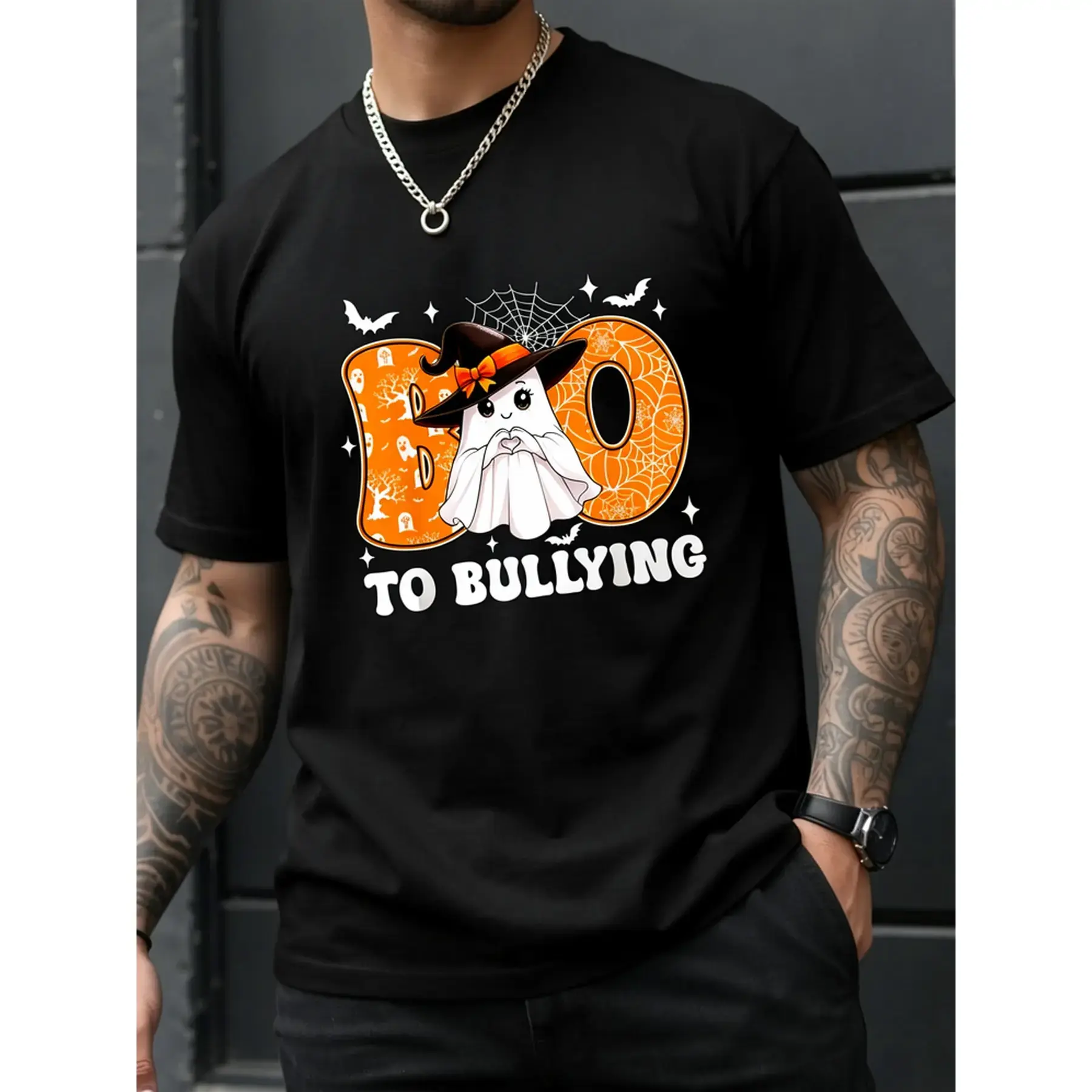 100% Cotton Unisex Boo To Bullying Halloween Orange Anti Bully Unity Day Women T-Shirt men's autumn short-sleeved shirt, featuring maple leaf and Thanksgiving Halloween prints