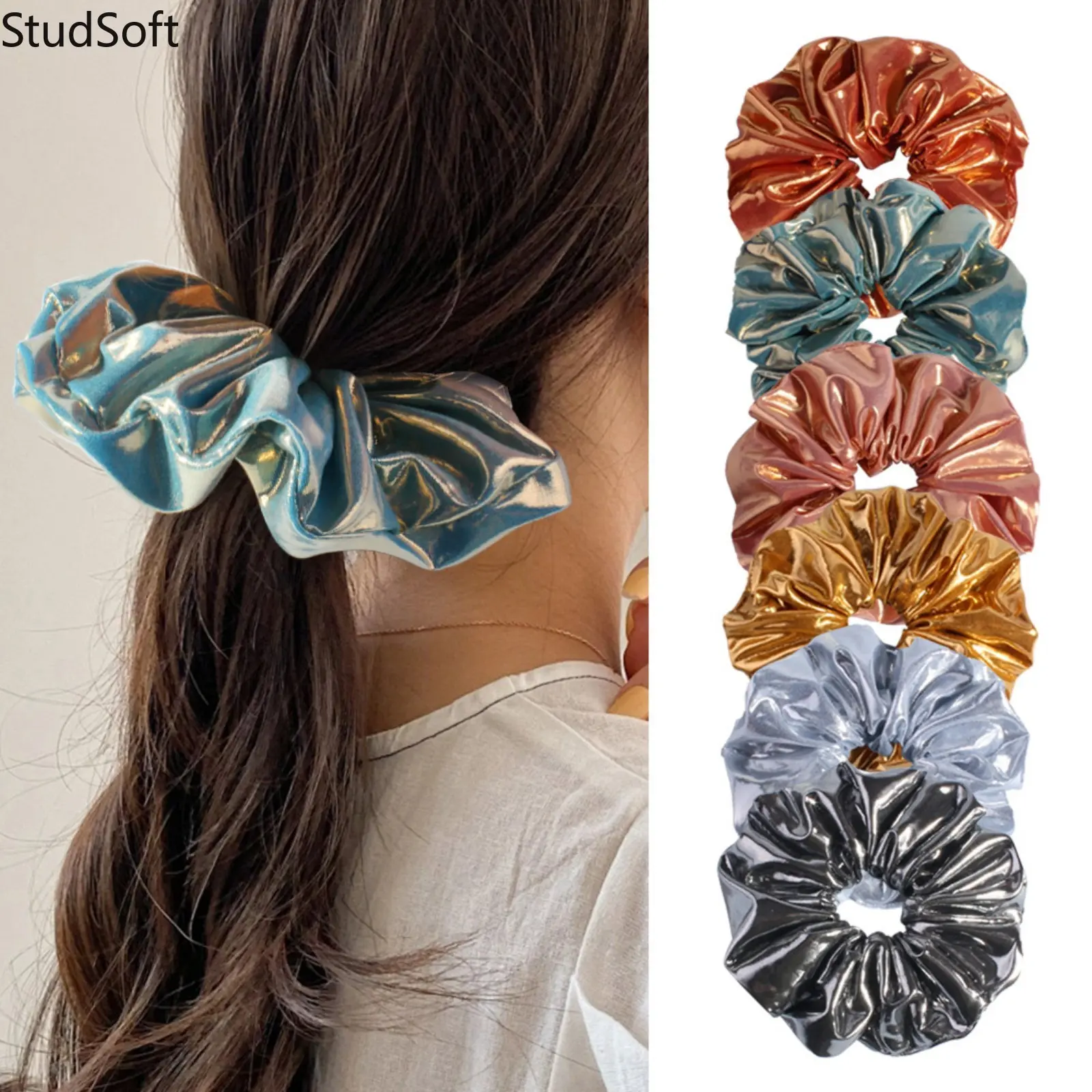 6pc Y2K Metallic Shiny Scrunchies Pack PU Leather Elastic Hair Bands Holographic Ponytail Holder Ties Bulk Cyberpunk Rave Party Accessories