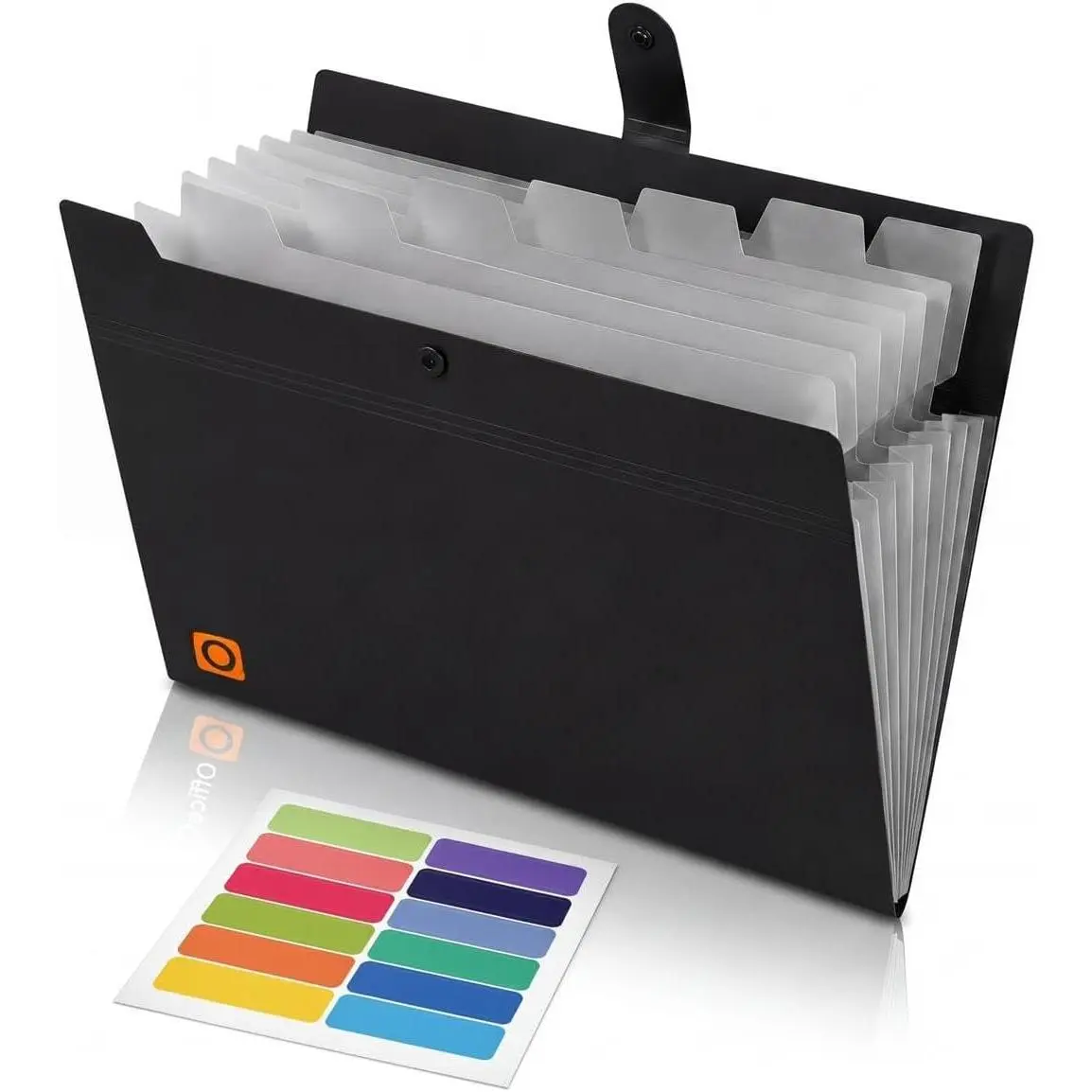 8-Pocket Expanding File Folder, A4 Letter Size Accordion Document Organizer with Snap Closure, Labeled Tabs, Customizable Color-Coding Stickers for Office Use (Jet Black)