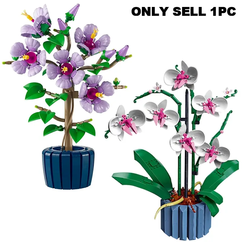 Hibiscus Flower Pot Assembly, Orchid Bonsai Building Blocks, Eternal Flower Model, DIY Plant Home Desk Decoration, Valentine's Day Gift, Girl's and Lady's Gift, Suitable for Plant Lovers