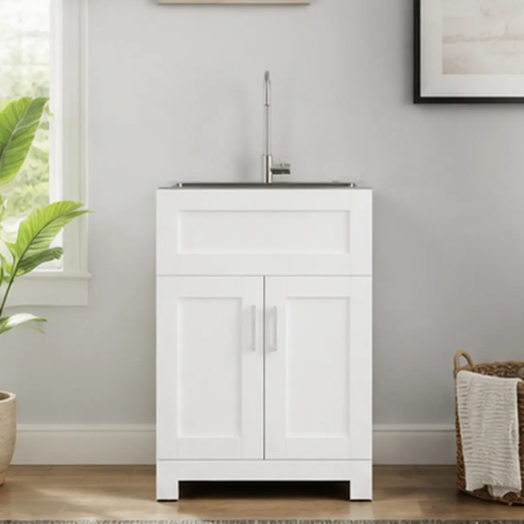 24-Inch White Laundry Sink Cabinet Combo - Stainless Steel Sink, Faucet, MDF Floor Cabinet with Soft-Close Doors, Paint-Free Melamine Finish, Easy Assembly, 18x24x34 Inches (18.00w x24.00d x34.00h In), 62.60 Lb, for Laundry Room, Bathroom, 24" Size, Easy,