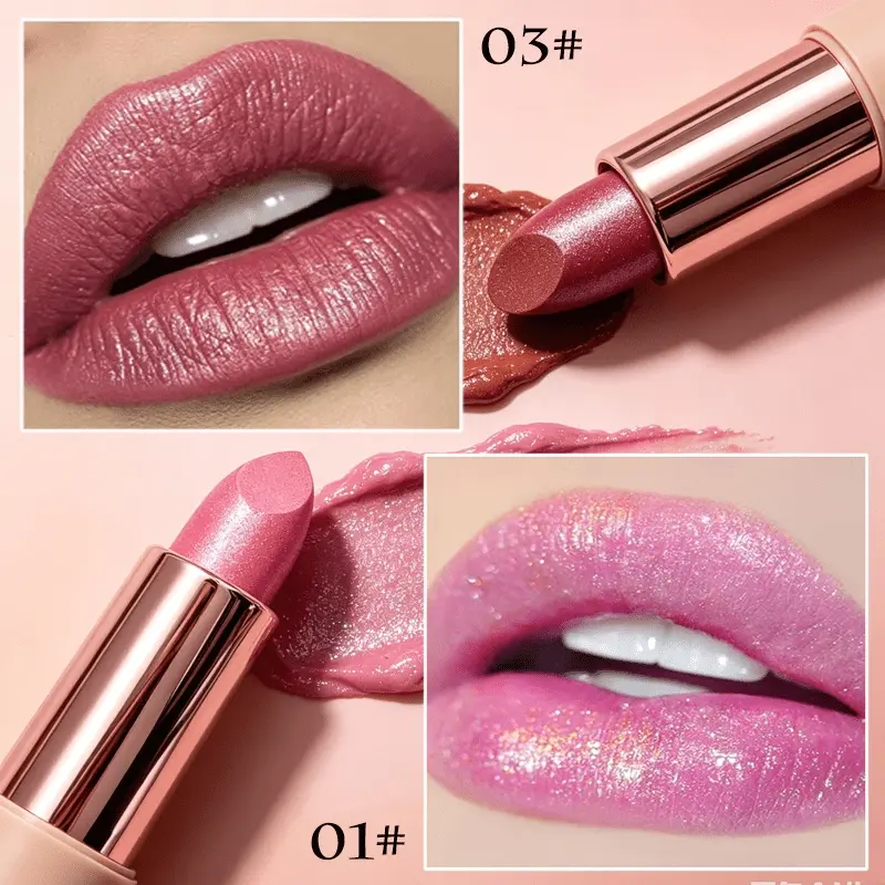 2 Pcs Starshine Subtle Shimmer Matte Lipstick, Two Shades Metallic Pearlescent Glitter Lip Stick, Silky Smooth Creamy Formula Non-drying Comfort Wear, Rich One-swipe Pigmented Coverage, Chic Nude Tube With Rose Gold Trim, Long Wear Daily Glam Shimmery