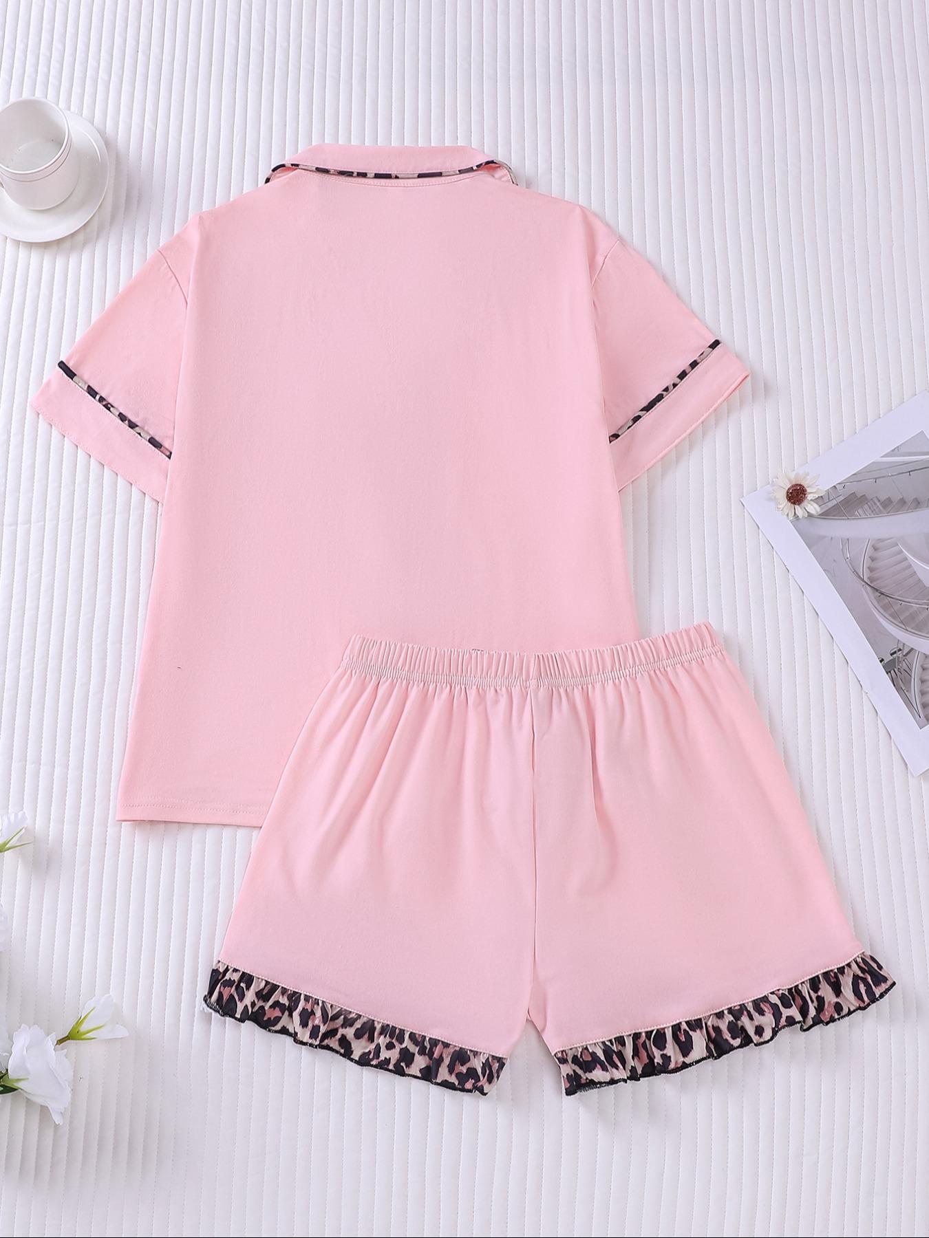 Women's Contrast Binding Pajama Two-piece Set, Short Sleeve Button Up Top & Shorts Pj Set, Casual Comfy Loungewear Set for Women, Nightwear, Casual Sleepwear Set Women's Contrast Binding Pajama Two-piece Set, Short Sleeve Button Up Top & Shorts Pj Set, Casual Comfy Loungewear Set for Women, Nightwear, Casual Sleepwear Set