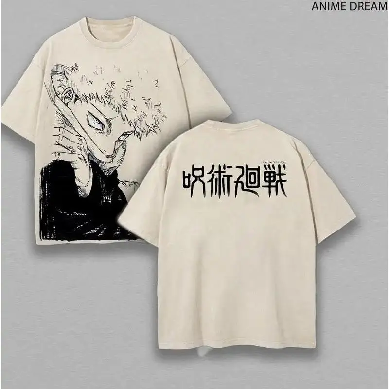 yuji itadori- Jujutsu Kaisen Retro Vintage Unisex Oversize Anime Manga Washed Heavyweight Cotton T-shirt, Gift For Anime Fan,Anime Lover Clothing