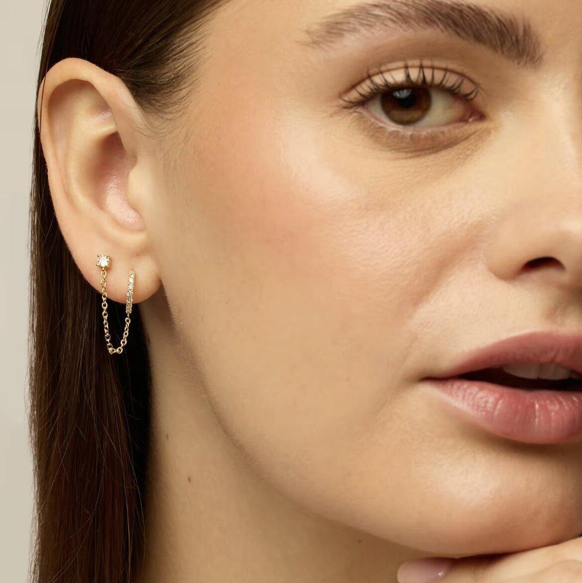 Jstyle Trendy 14K Gold Plated Chain Earrings for Women Hypoallergenic Double Piercing Dangle Chain Huggie Hoop Earrings Jstyle Trendy 14K Gold Plated Chain Earrings for Women Hypoallergenic Double Piercing Dangle Chain Huggie Hoop Earrings