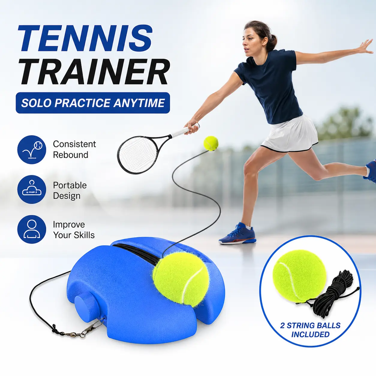Tennis Trainer Rebound Ball, Solo Training Equipment, Portable Tennis Rebounder Kit, 2 String Balls, Suitable for Beginners Exercise