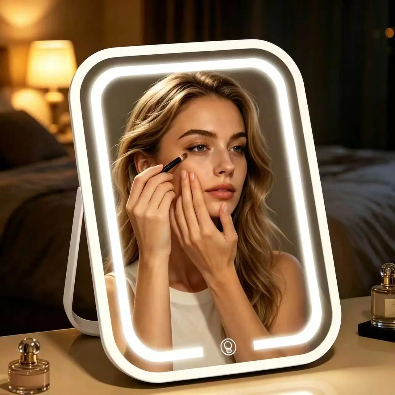 Rechargeable LED Makeup Mirror, Touch Control, Adjustable Brightness, 3 Light Modes, Rotatable, Portable Beauty Mirror for Travel