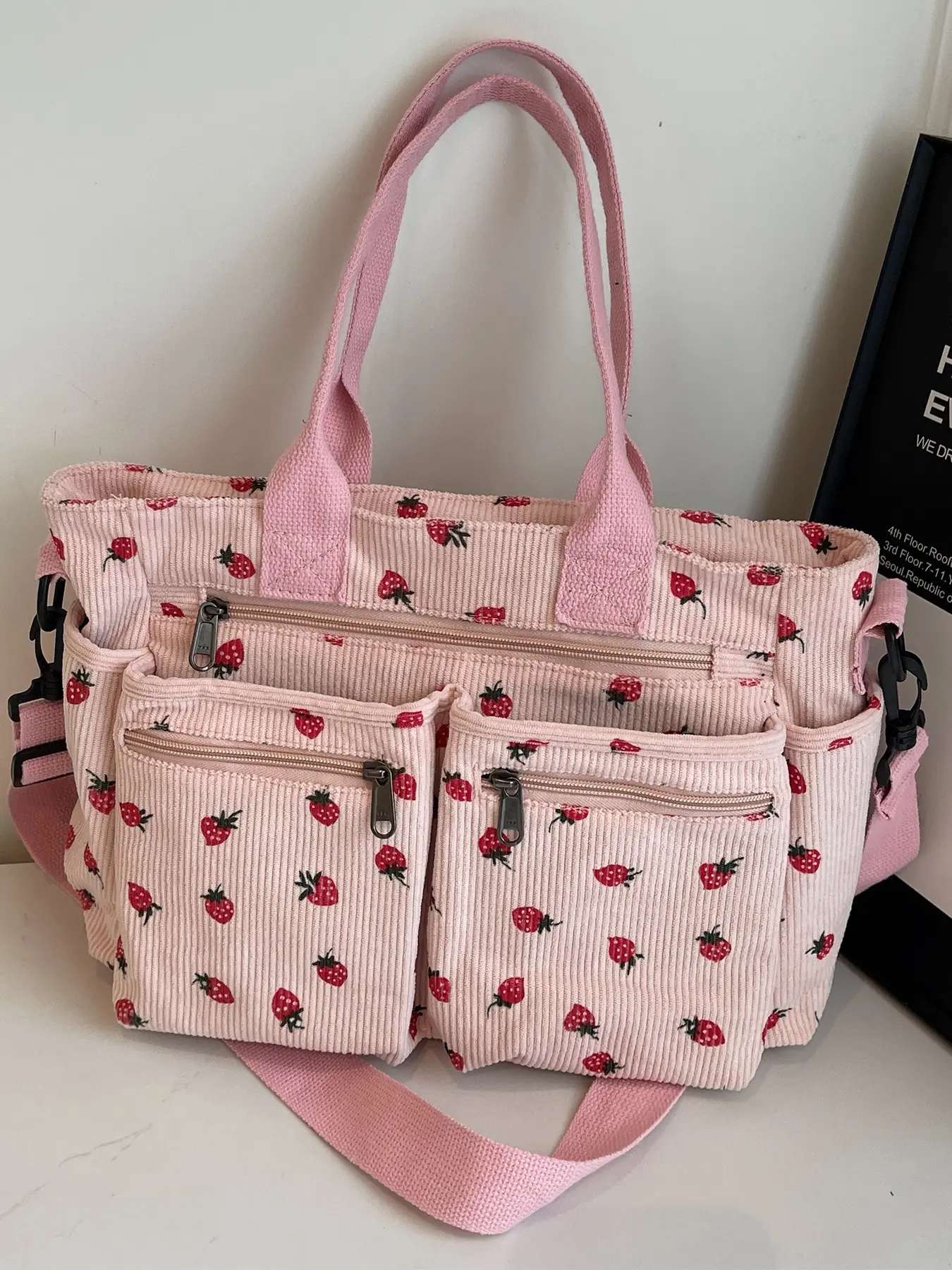 Strawberry Print Tote Bag, Large Capacity Commuter Multi-Layer Shoulder Bag, Fashion Casual Simple Backpack, Stylish Daily Use