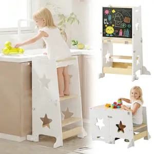ARCH 3-in-1 Toddler Kitchen Step Stool, Foldable Learning Standing Tower with Blackboard, Wooden Kitchen Stool Helper for Kids, 1-3 Year Old Boy Girl Gifts