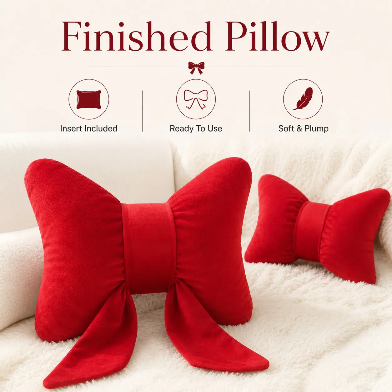 Bow Pillow with Insert, Soft Velvet Sofa Cushion, Boho Style, 33x40cm/30x50cm, Home Decor for Living Room Bedroom Holiday, Decorative Cushion, Comfy Cushions