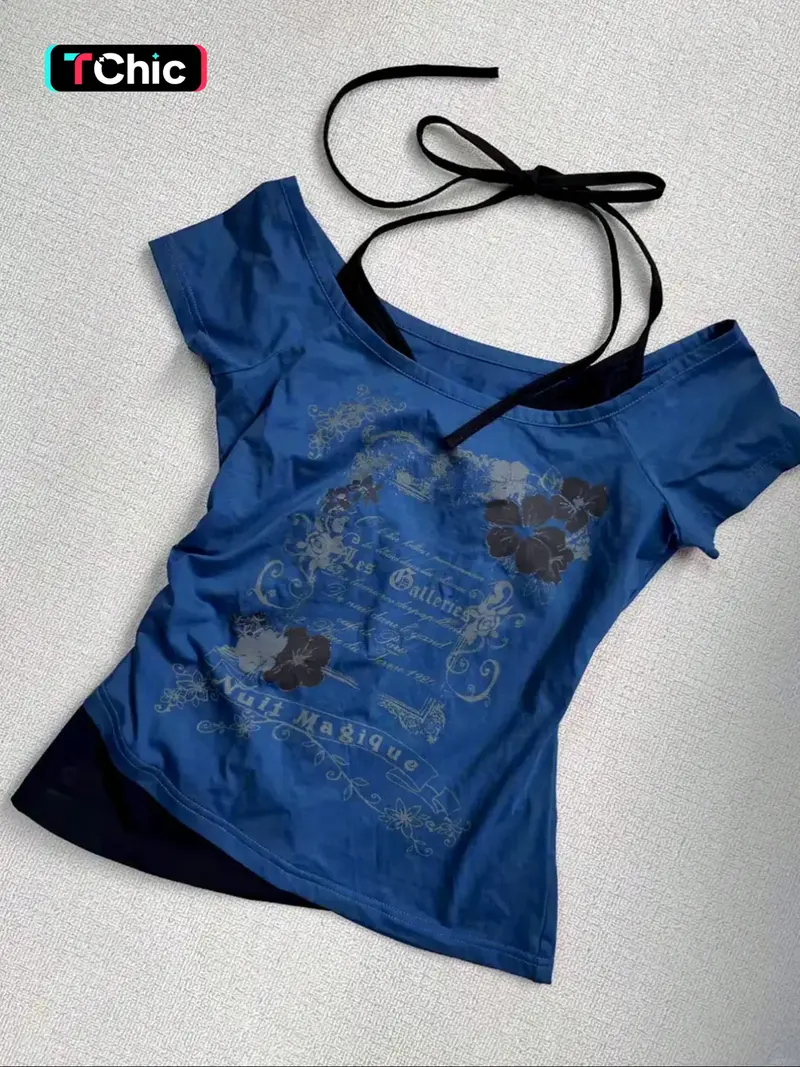 Women's 2 in 1 Floral & Letter Print  Halter Tee, Y2k Casual Top for Summer, Ladies Clothes for Daily Wear