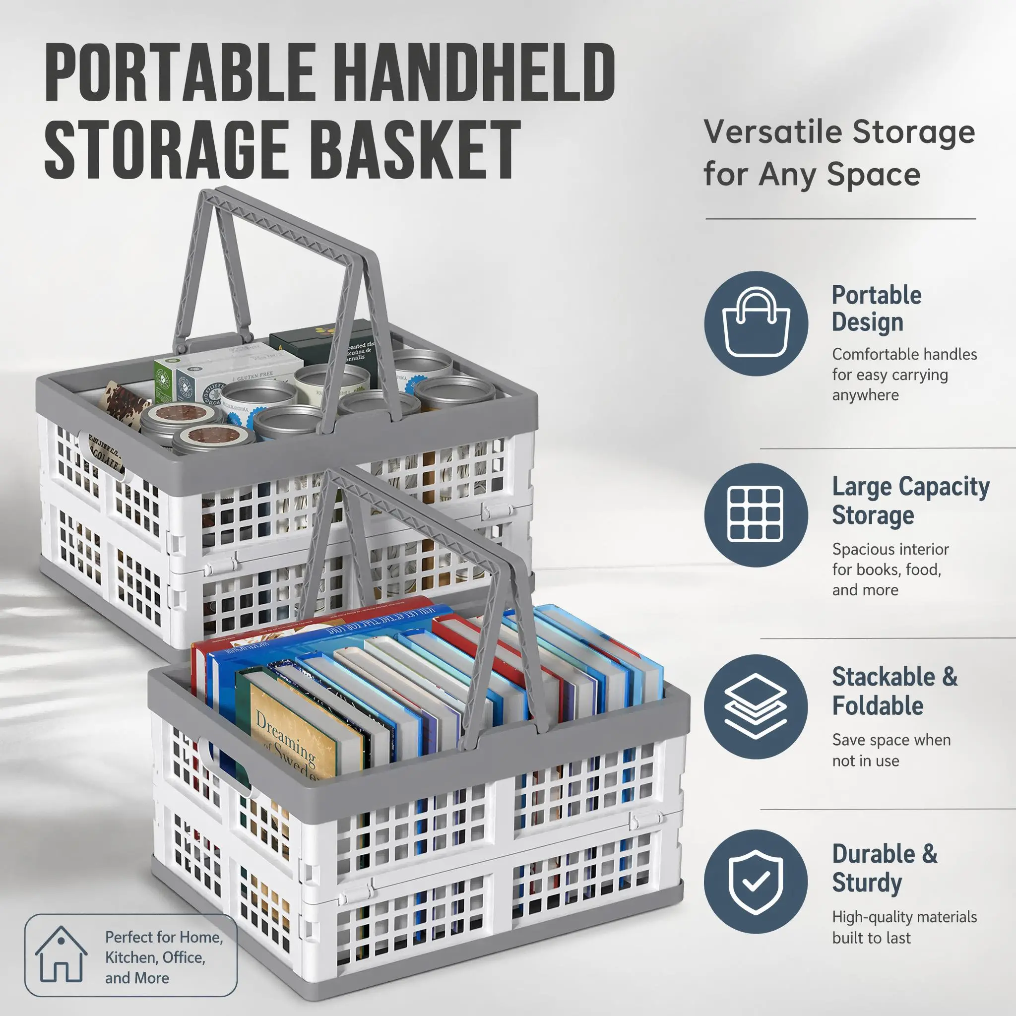 Foldable Waterproof Hollow Plastic Storage Crate with Carry Handle & Buckle, 1/2 Pack Optional Household Collapsible Organizer for Shopping, Camping, Water Proof, Portable