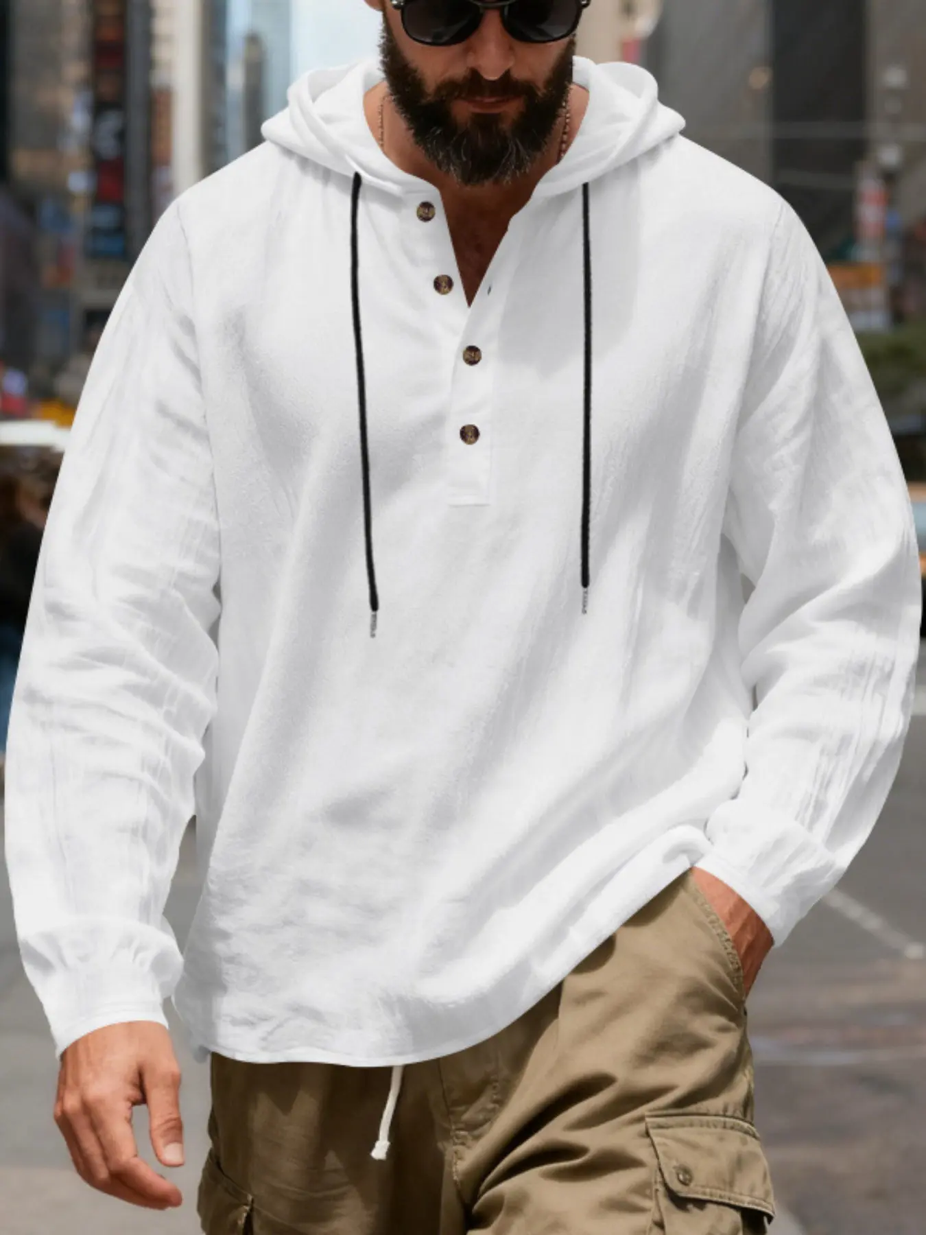 Men's Linen Shirt Summer Loose Fit Casual Breathable Long Sleeve Hooded Top, Classic Trendy Comfortable Men's Clothing for All Seasons