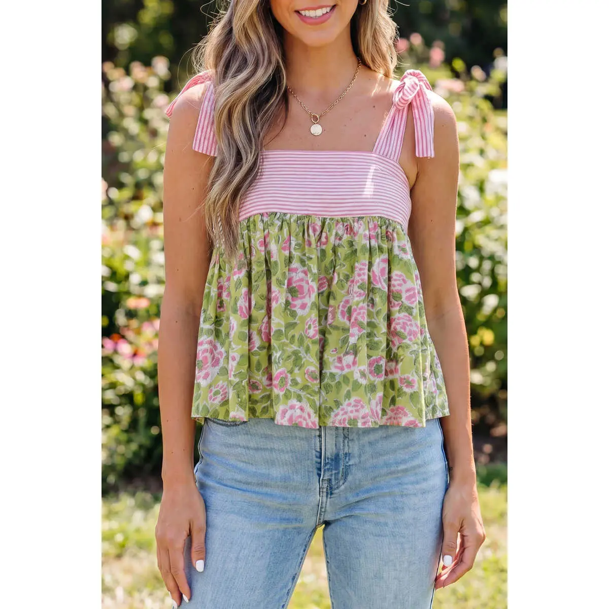 PHEFEE Women's Soft Floral Print Cotton Babydoll Peplum Tank Top - Adjustable Knot Strap Sleeveless, Comfortable Bohemian Attire Boho Tie Beach Top, Summer Casual Patchwork Blouse for Everyday Wear (Green), Beach Tops, Babydoll Peplum Tops