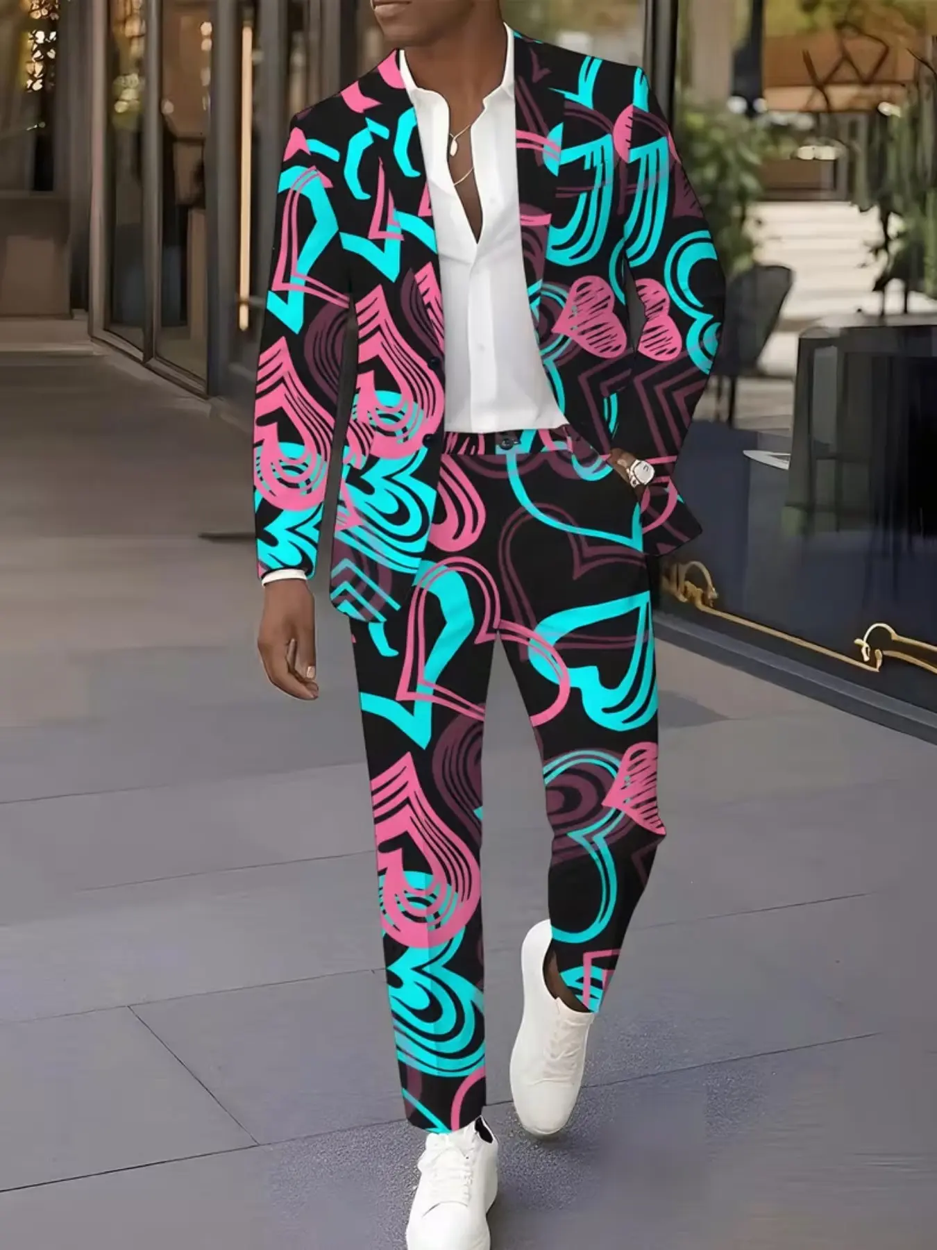 Men's Pink Cyan Graffiti Heart Print 2-Piece Suit, Slim Fit Blazer Long Sleeve & Pants, Valentine Party Club Outfit