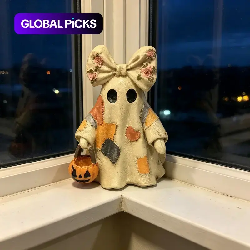 Vintage Patchwork Spooky Ghost Statue with Floral Bow, Halloween Ghost Sculpture, Mini Pumpkin Bucket, Fall Indoor Decor Gift, Decorative Piece, Decorative Figurine #GLOBAL PICKS