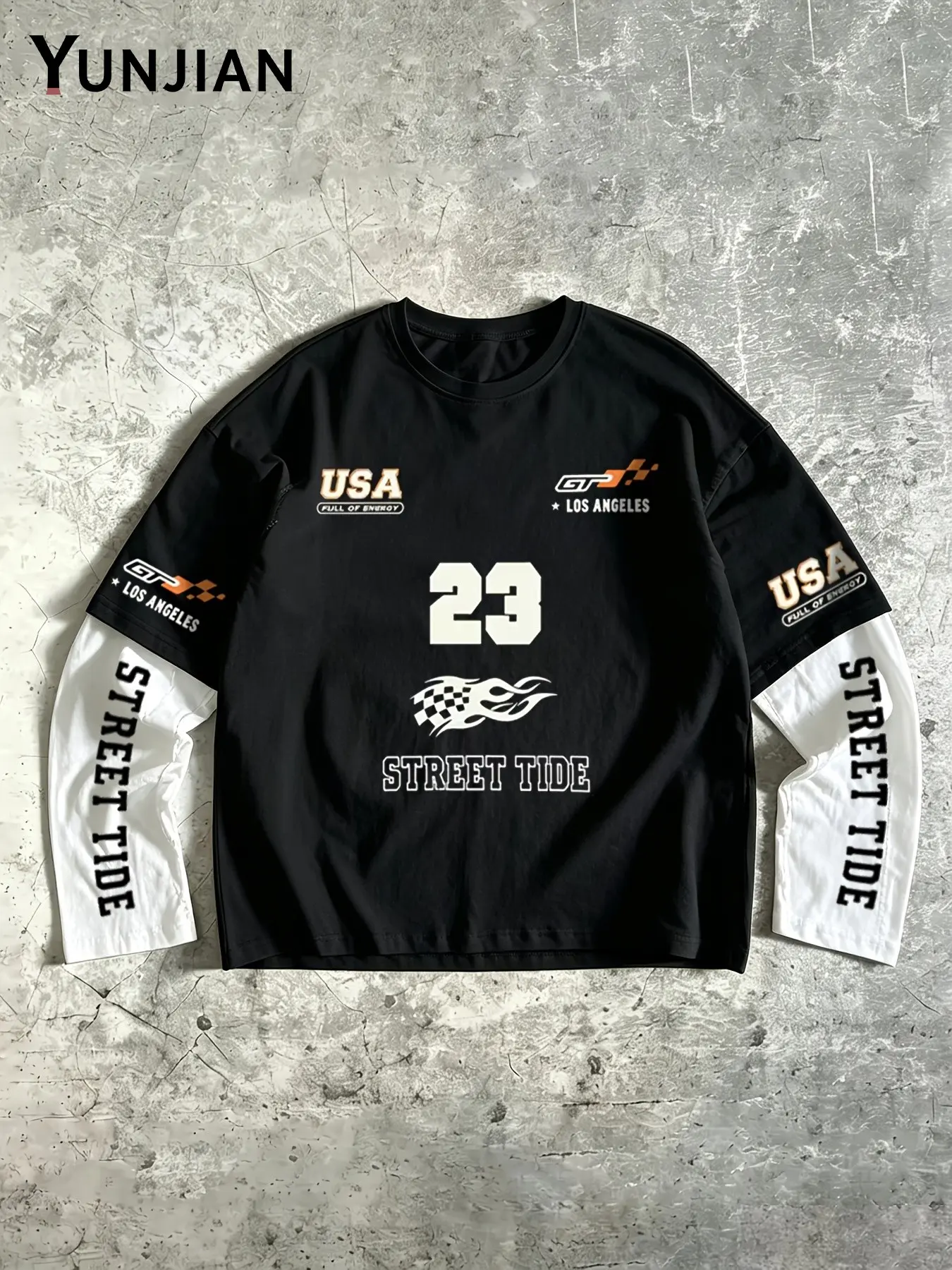 Y2K American Racing Street Style Fake Two-Piece Long Sleeve T-Shirt, Loose Layered Top, Block, Hip Hop Fall Fashion