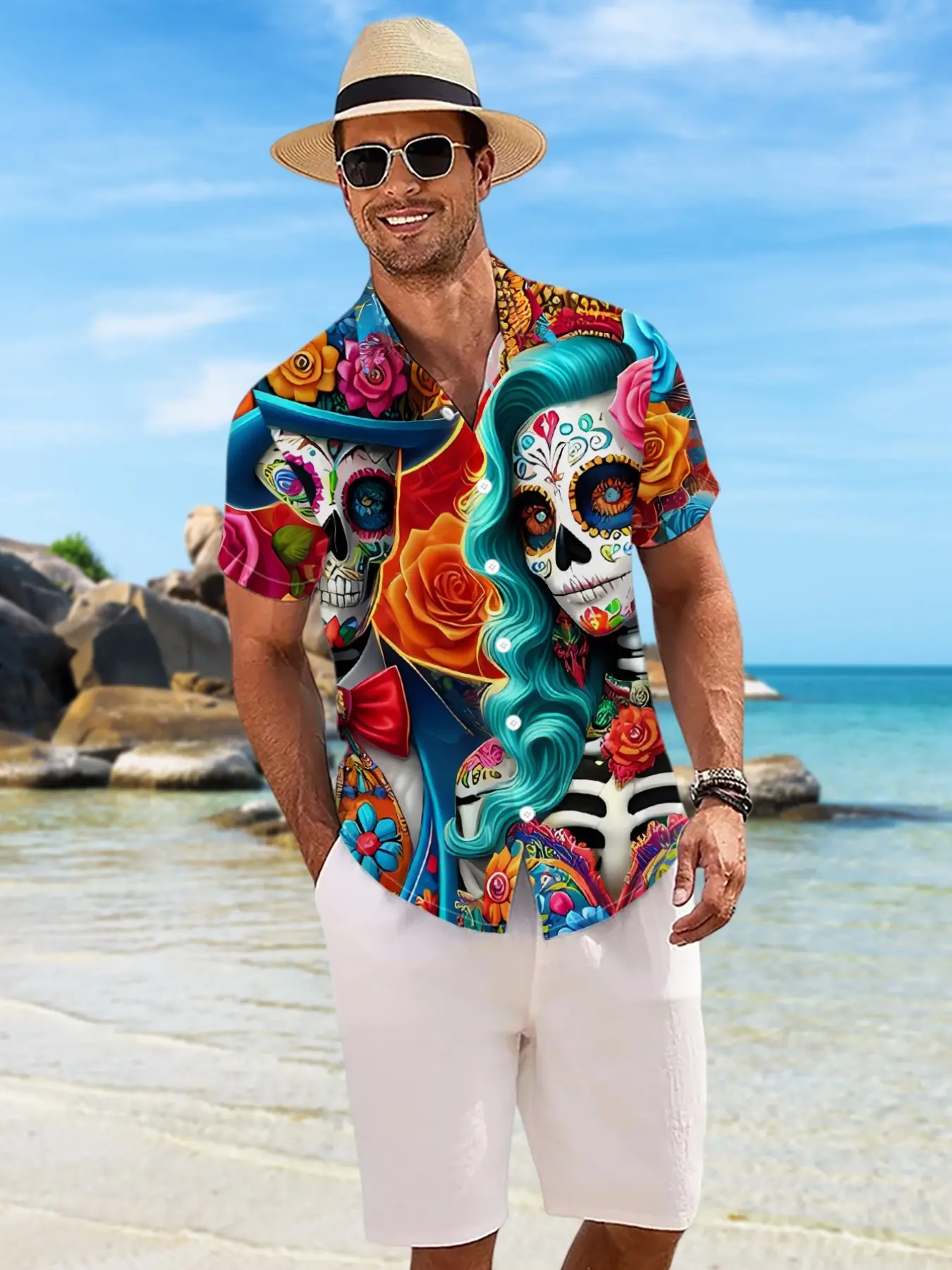 Vintage Sugar Skull Print Shirt, Mexican Day of the Dead Theme, Unique Halloween Costume Top, Bold Graphic Design, Perfect for Festive Occasions