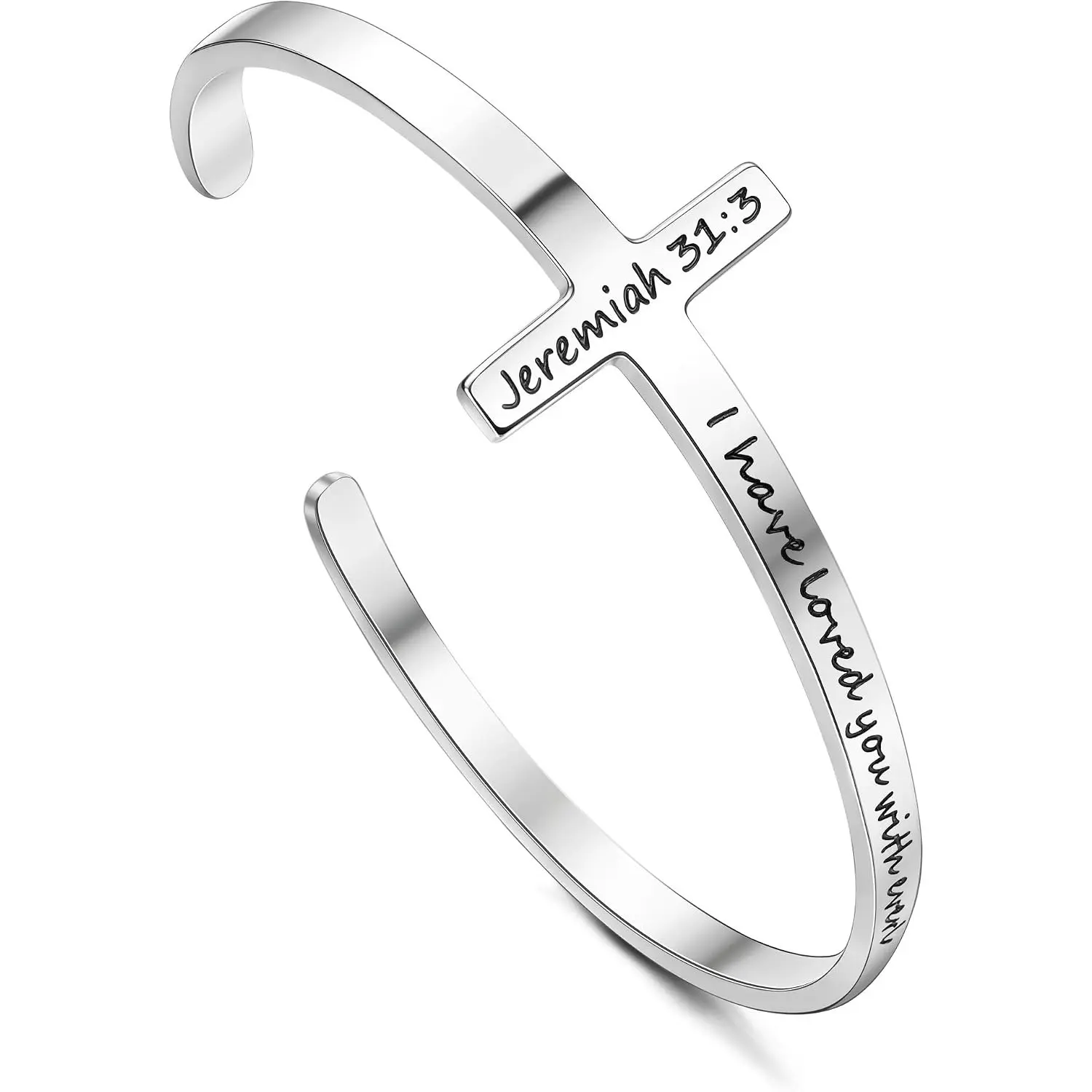 Women's Stainless Steel Engraved Cross Motif Cuff Bracelet - Christian Verse Religious Faith Jewelry, Daily Wear Unisex Bangle, Birthday Christmas Gift