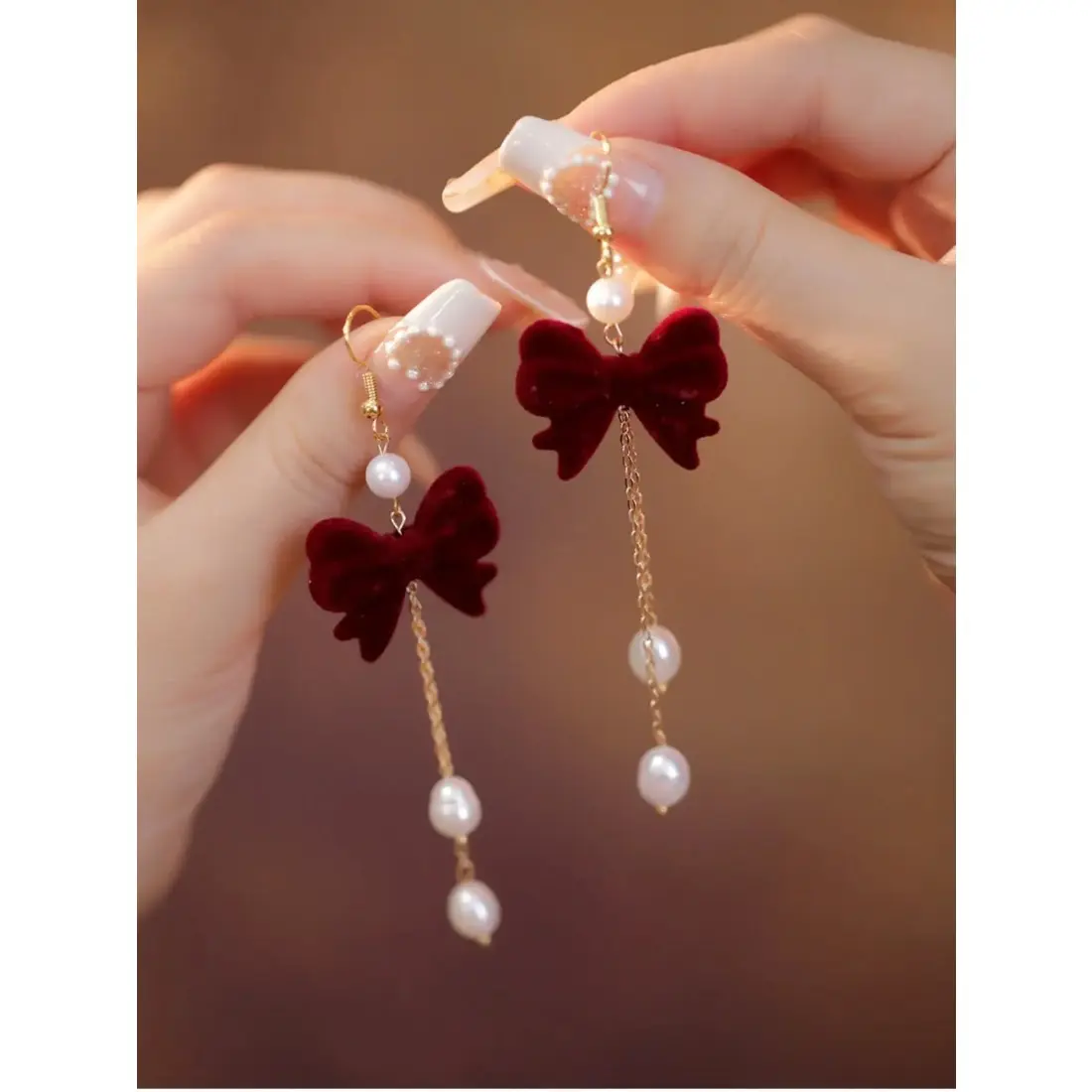 Pair of Elegant Vintage & Velvet Burgundy Bow Earrings - Golden Chain Tassel, Red Flocking Bow, Perfect for Daily Wear or Parties, Fashion Earrings, Earrings, Best for Christmas, High Quality Earrings, Earrings Jewelry