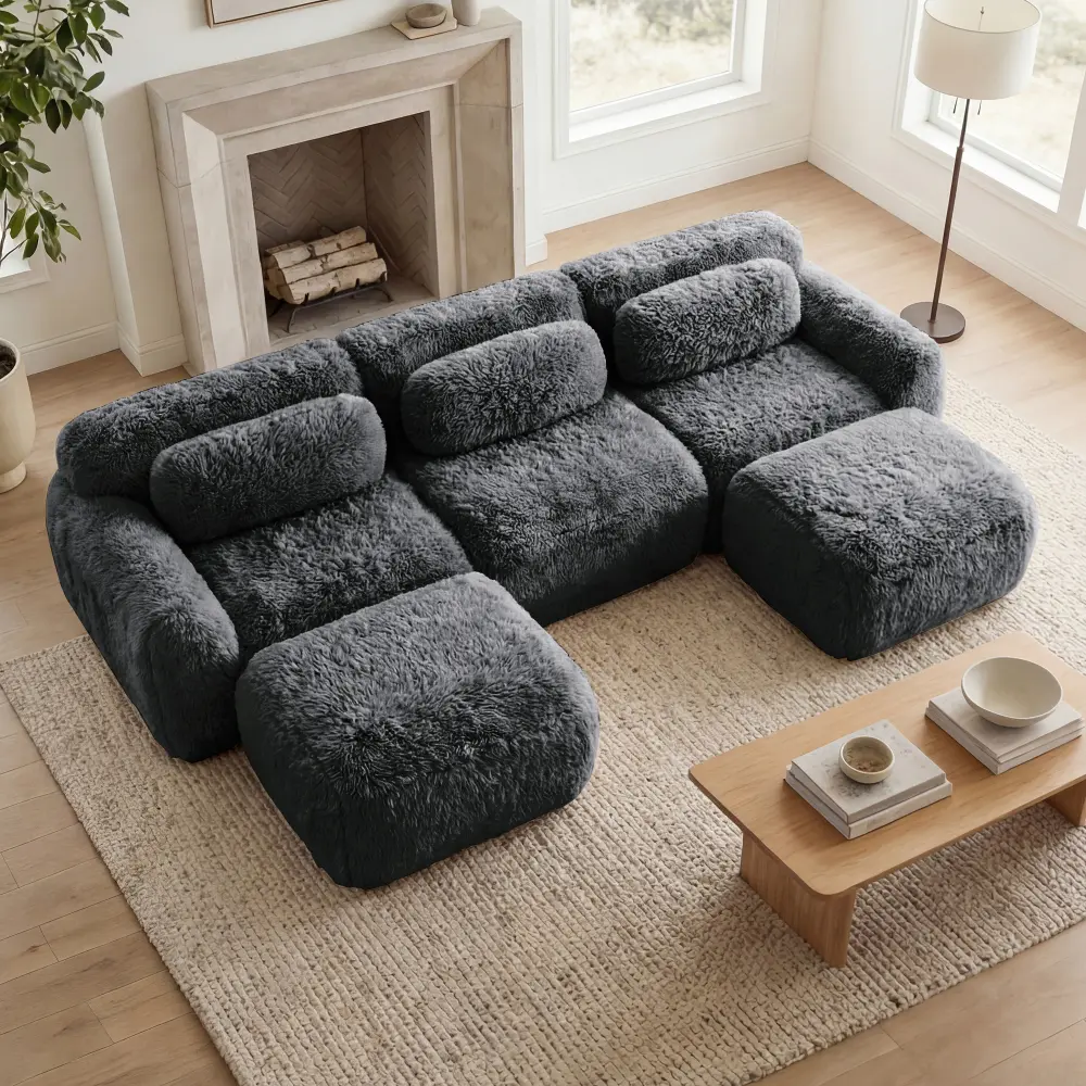 U-shaped Boneless Sofa 32D High Density Sponge Bottom Anti-Slip Design with Chaise Free Combination Full-compression Vacuum Packaging Deep Seat Design for Bedroom, Study, And Home Theater, Dark Grey