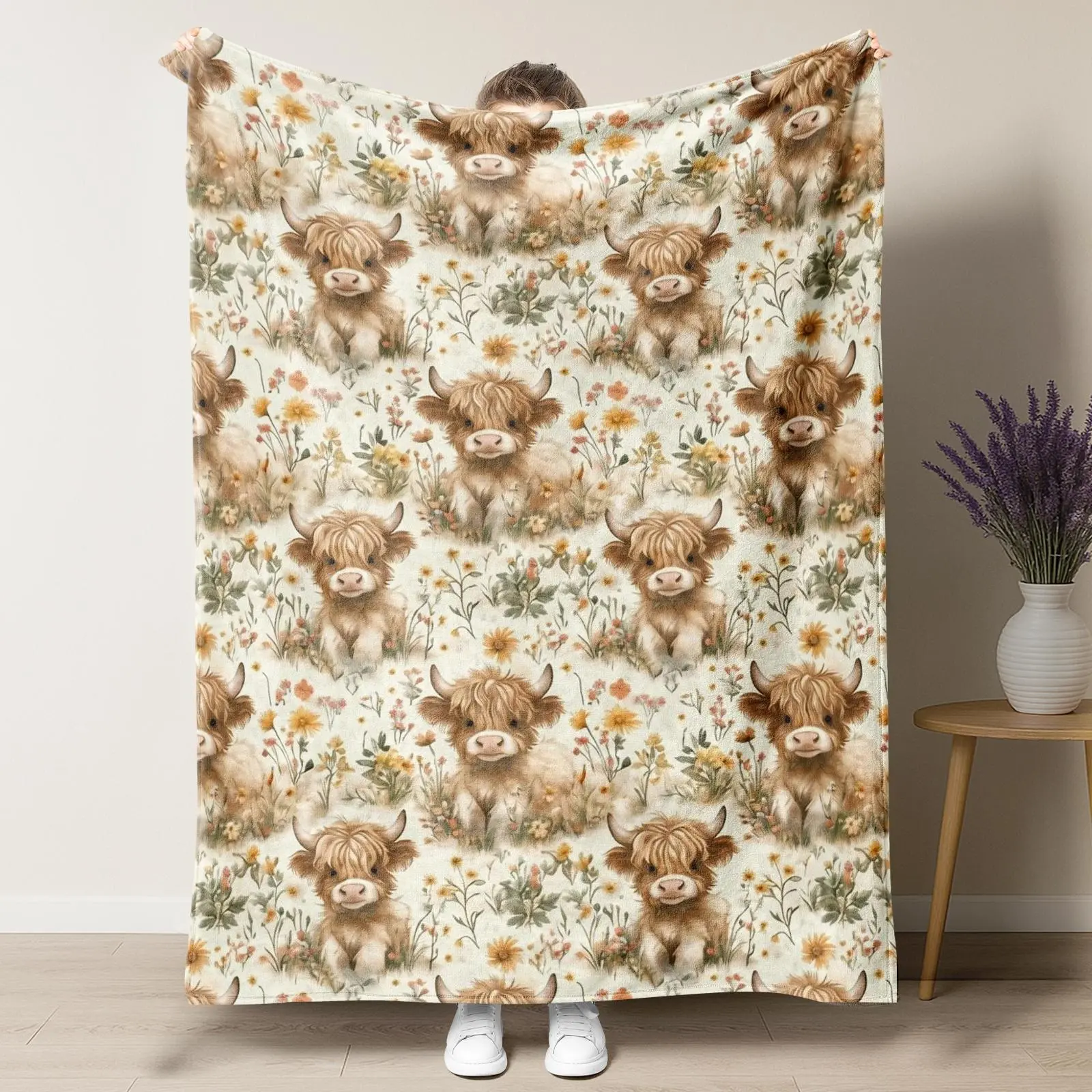 [SummerVibes] Pastel Wildflower Highland Cow Blanket,Adorable Watercolor  Cow with Soft Floral Print Cozy Throw Blanket,Rustic Farmhouse Themed Present for Cow Enthusiasts, Nature Lovers & Cottagecore Fans