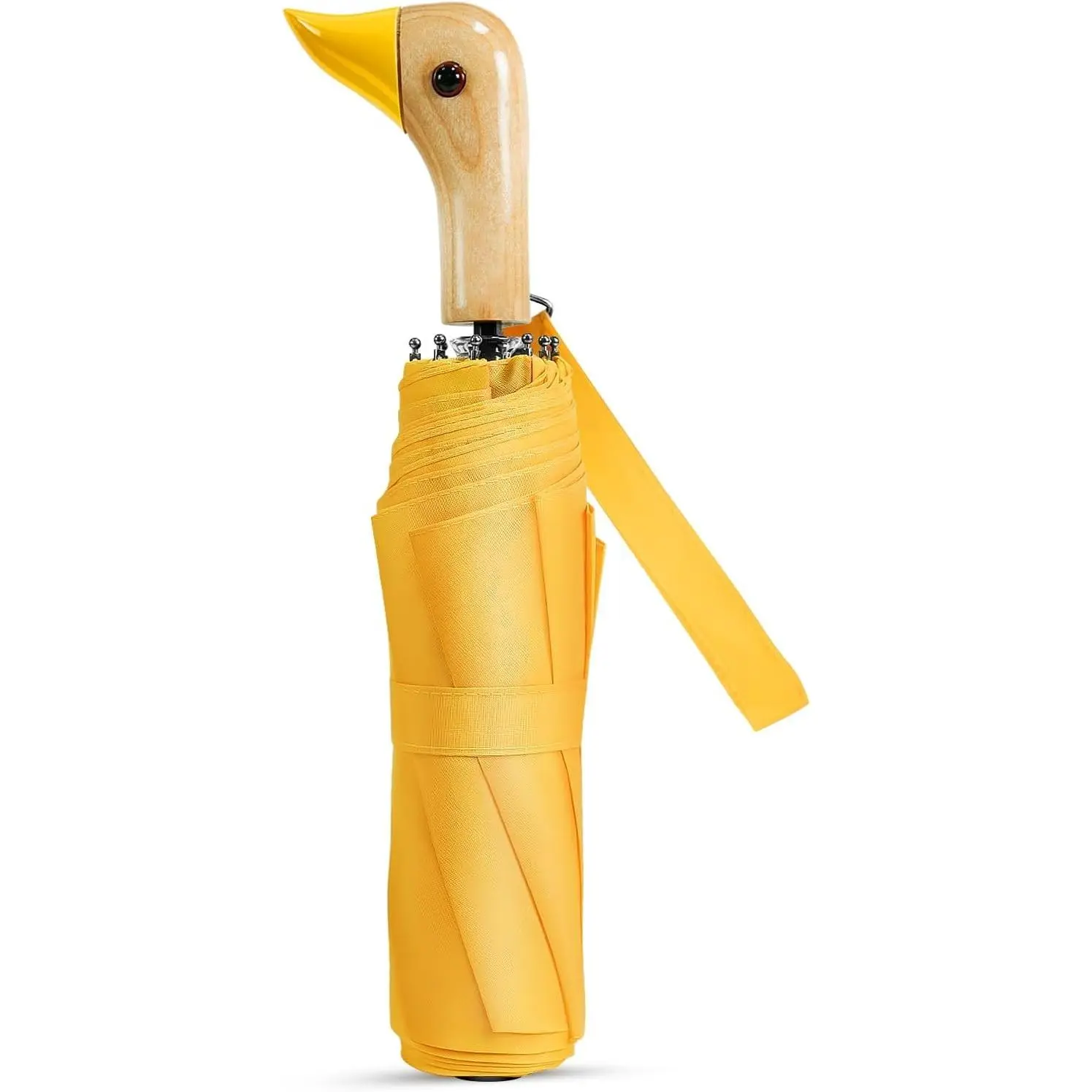 Wood Handle Cute Duck Compact Lightweight Umbrella - Yellow Duck Head Travel Umbrella for Adults (Gift Option)