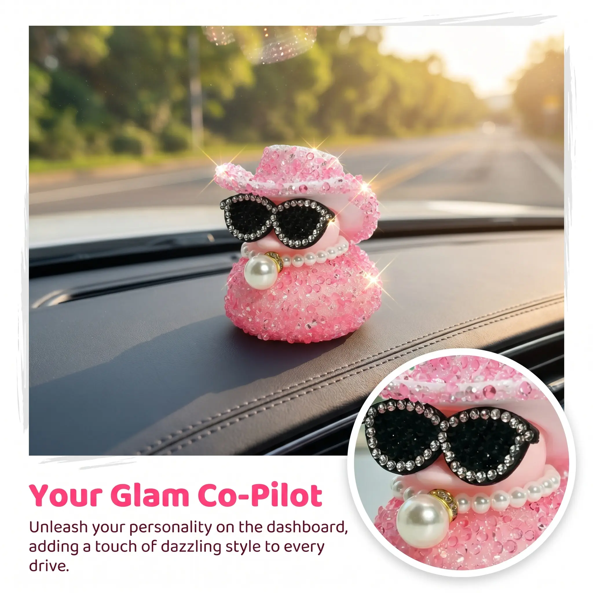 Bling Rhinestone Rubber Duck Car Ornament, Cowboy Hat Sunglasses Pearl Duck Dashboard Decor, Cute Glitter Car Accessories for Women, Bling Car Interior Decoration Gift-YY0