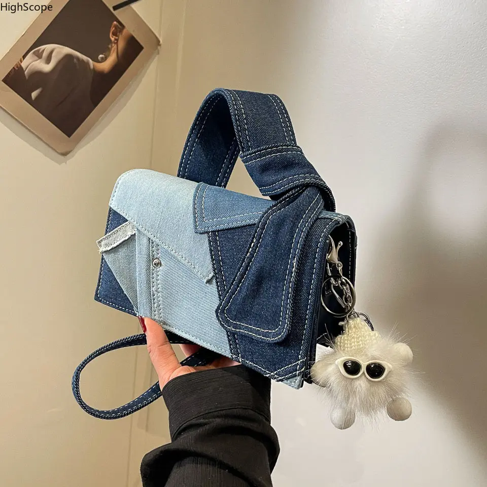 Fashionable Denim Patchwork Mini Handbag, High-Capacity Multifunctional Women's Crossbody Bag, Casual Single-Shoulder Sling Bag with Double-Layer Wallet, Trendy Aesthetic Messenger Purse for Daily Commute