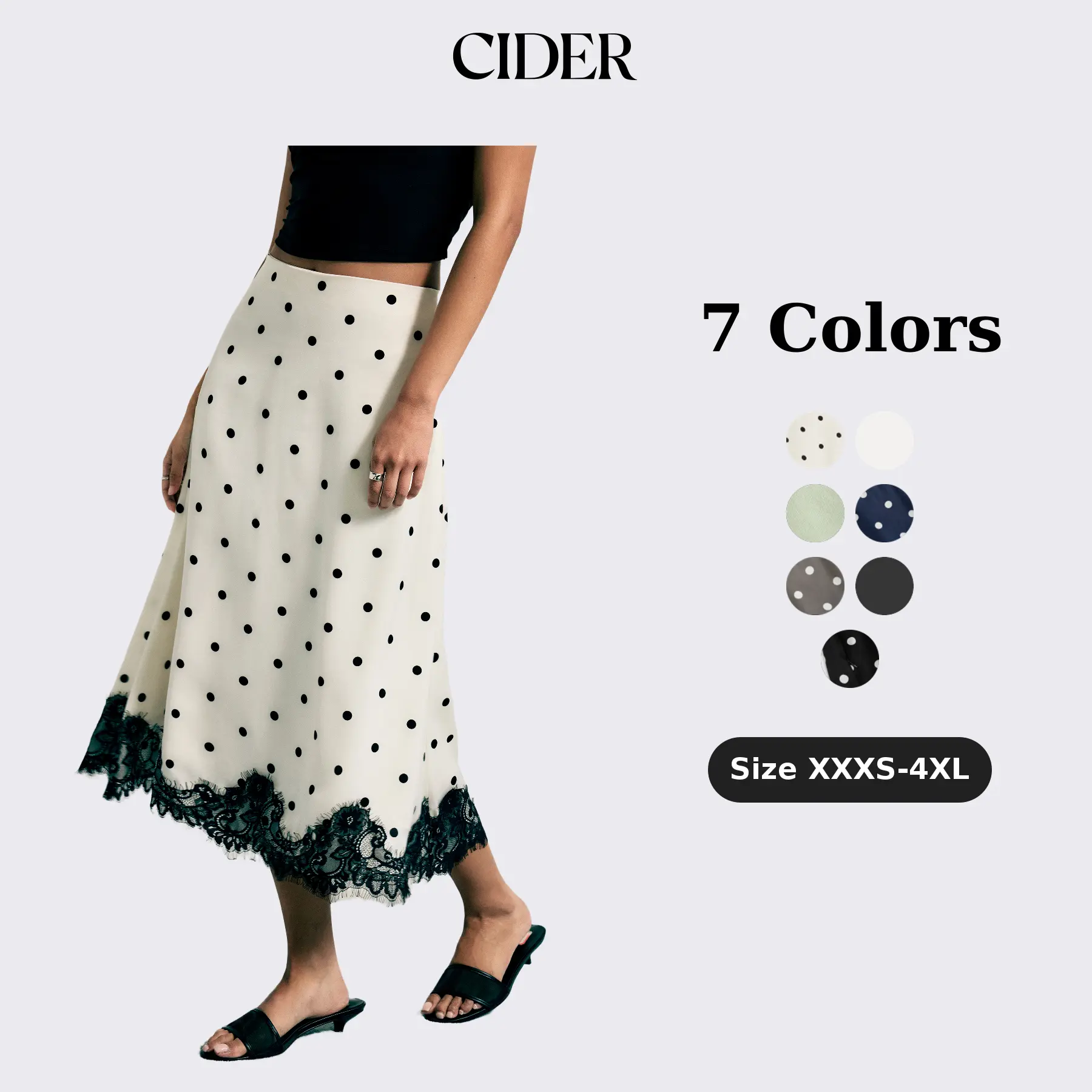 Cider Satin Mid Rise Polka Dot Lace Trim A-line Midi Skirt