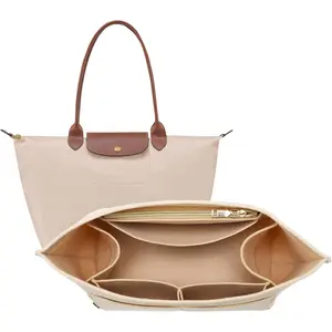 Purse Organizer Insert for Longchamp Le Pliage, Premium Felt Long Champ Bag Handbag Women, Tote Organizer Insert with 9 Compartments (Large, Beige)Gift.