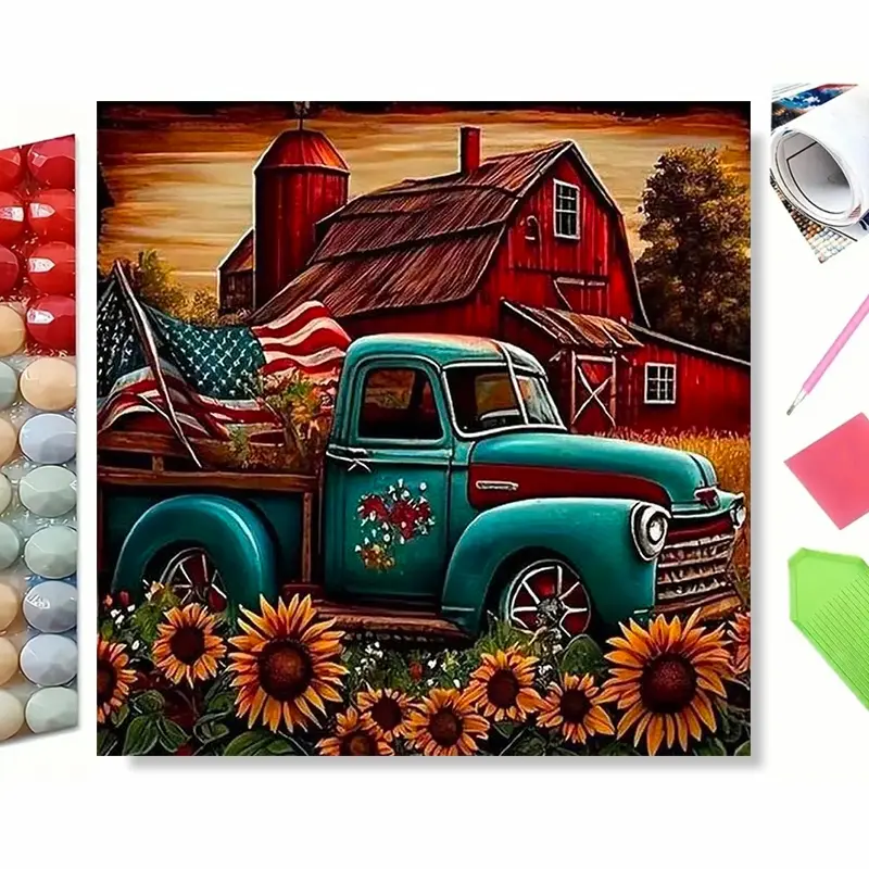 DIY 5D Diamond Painting Kit, Vintage Retro Pickup Truck with American Flag, Sunflowers and Red Farm Barn, Country Rural Farmhouse Scene Diamond Art, Home Wall Decor, Great Independence Day Holiday Gift