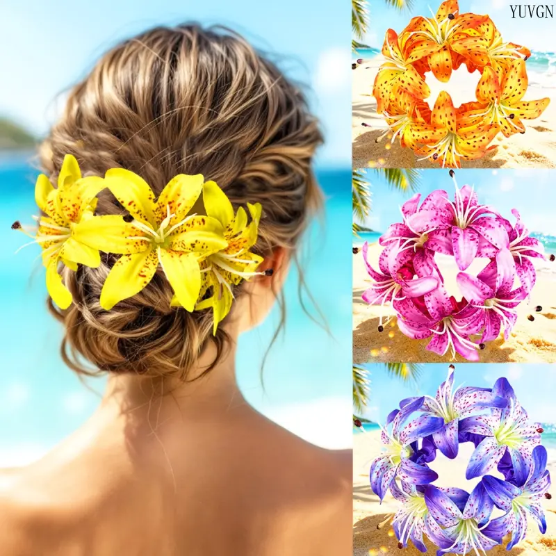 6PCS Speckled Lily Floral Hair Scrunchie, Tropical Hawaiian Multi-use Flower Hair Band, Boho Vacation Hair Accessories for Women Beach Photoshoot Bun Hairstyle Wrist Decor
