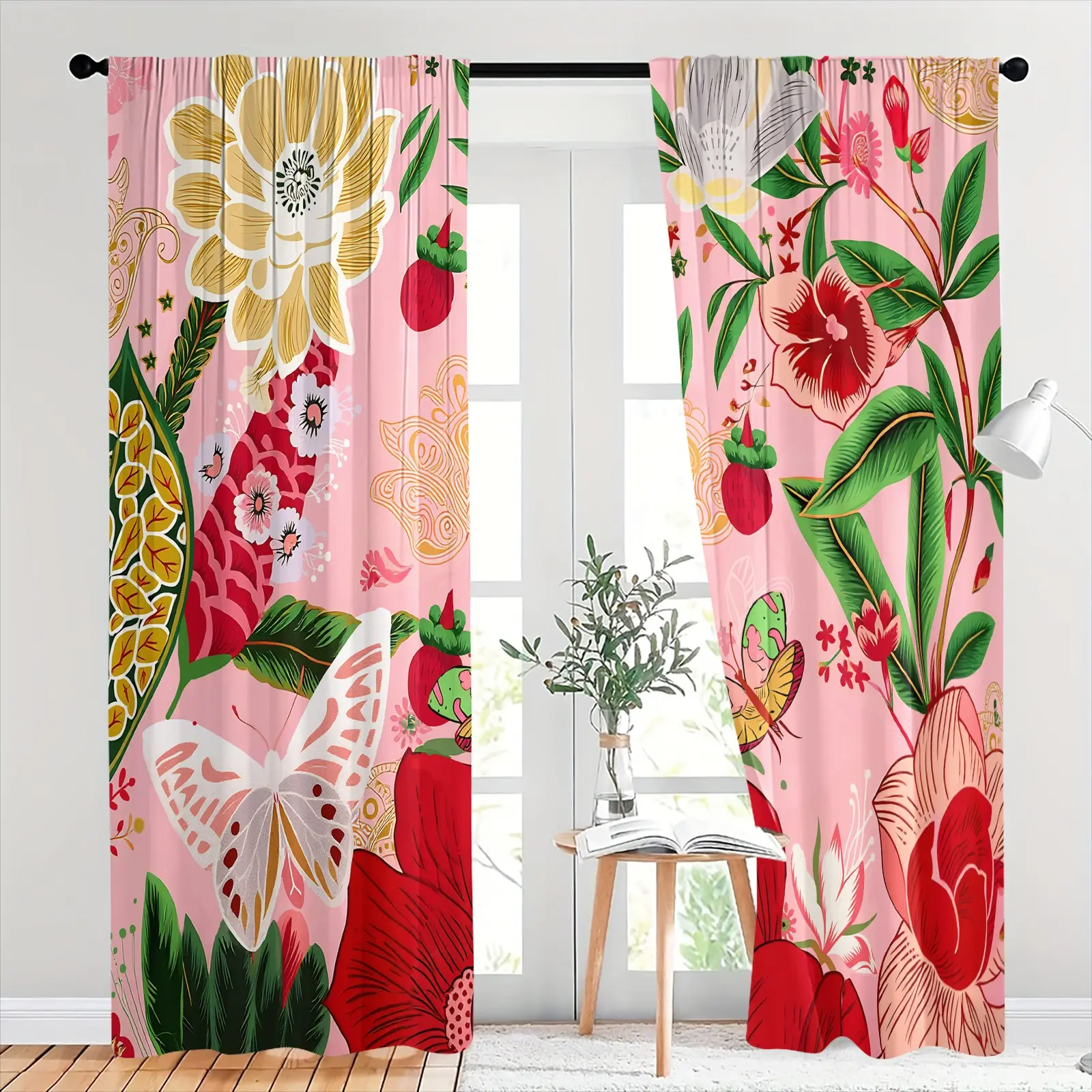 Boho Vintage Tropical Flower Butterfly Semi-Sheer Curtains, Privacy Preserving Drapes Create Soft Diffused Indoor Light, Skin-Friendly Brushed Flannel Rod Pocket Treatments, Stylish Decor Light Filtering Curtains for Living Room, Study, Apartment