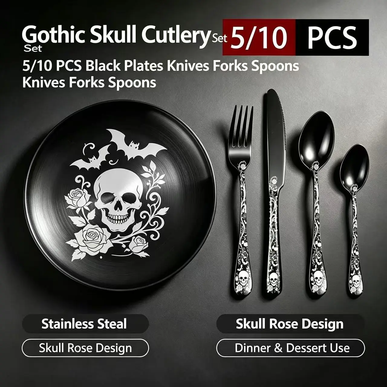 Gothic Skull 5/10 Piece Stainless Steel Dinner Set, Halloween Plate Knife Fork Spoon, Hotel Outdoor BBQ Dining Utensils Included Kit