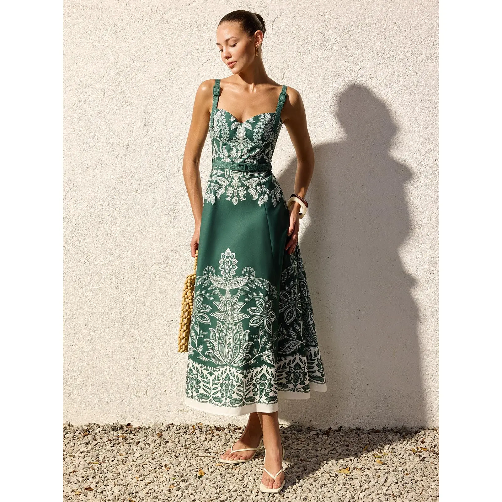 Baroque Floral Print Belted Cami Maxi Dress