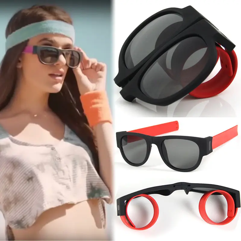 Unisex Snap-Foldable Sports Sunglasses Snap Band Convertible Wrist Slap Design Elastic Frame Flexible Wrap UV Protection for Outdoor Cycling Driving