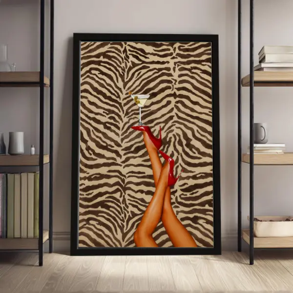 Vintage Glam High Heel & Zebra Pattern Framed Canvas Wall Art - Ready-to-Hang Home Decor Print for Bedroom, Living Room - Chic Gift for Fashion Lovers