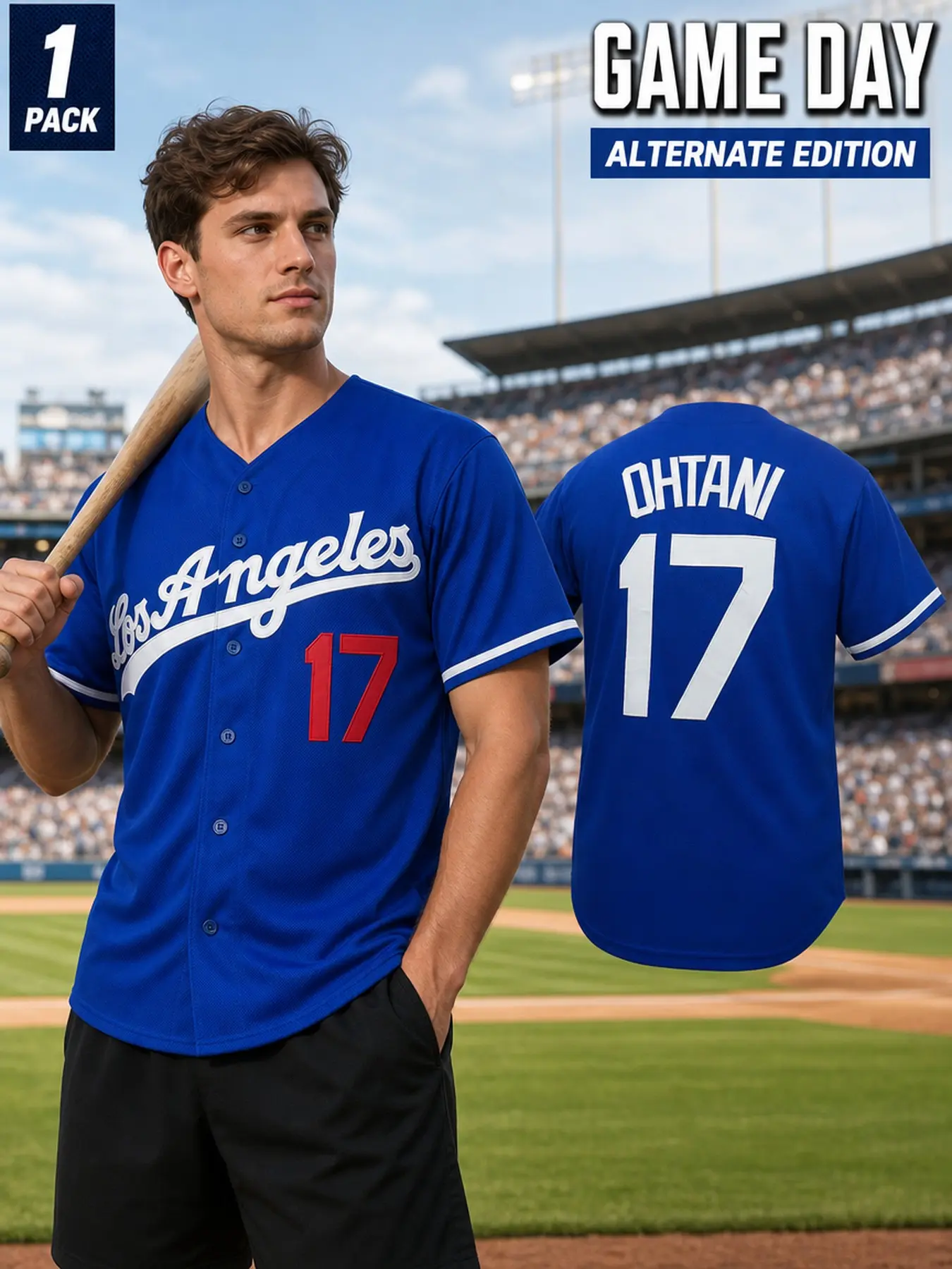 Men's Los Angeles #17 Letter & Figure Patched Button Front Baseball Jersey, Casual Loose Short Sleeve V Neck Baseball Top for All Seasons, Unisex Sportswear for Training & Competition