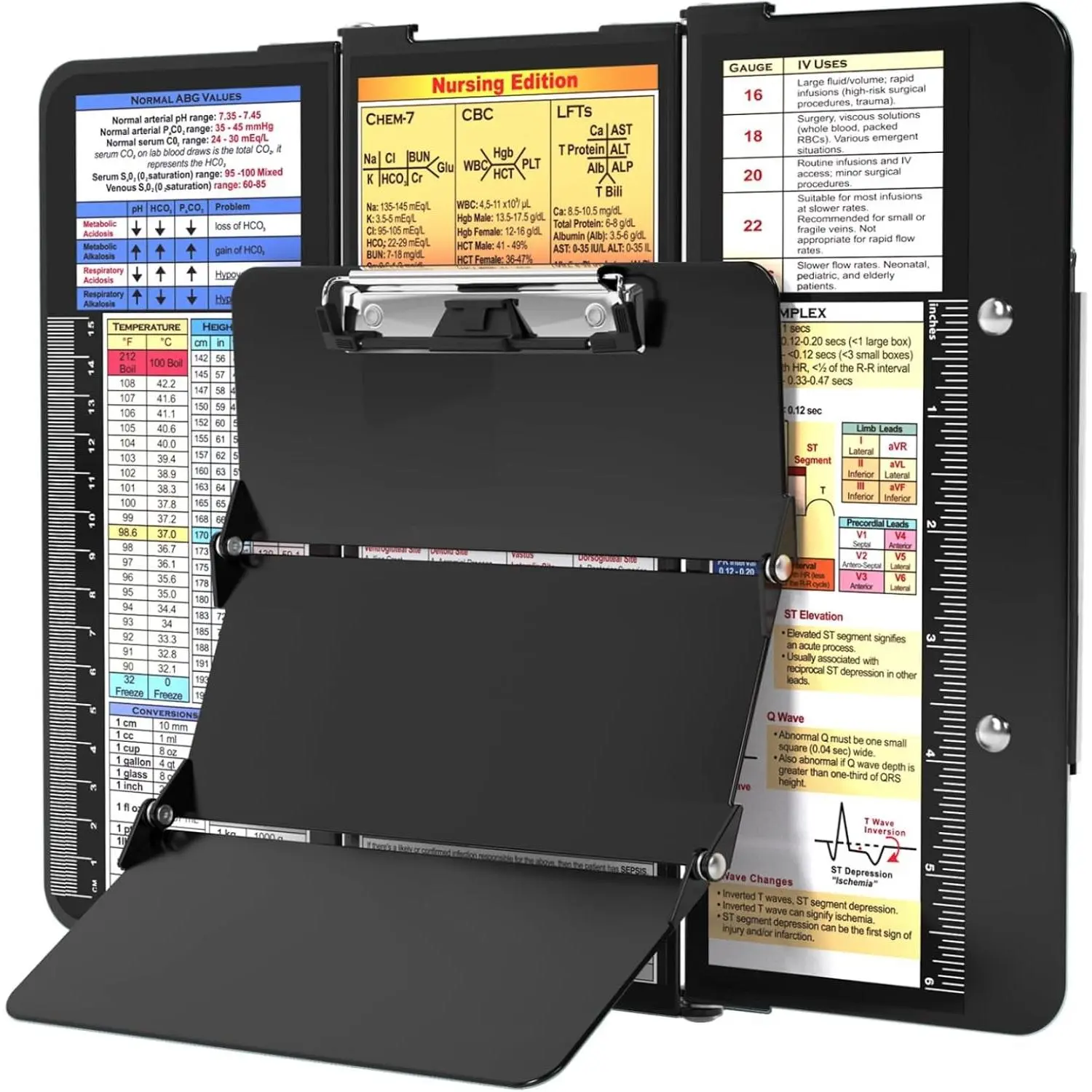 Foldable Aluminum Nursing Clipboard with Nursing Edition Cheat Charts, Low Profile Clip & Pen Clip Pocket for Nurses, Doctors, Students - Black