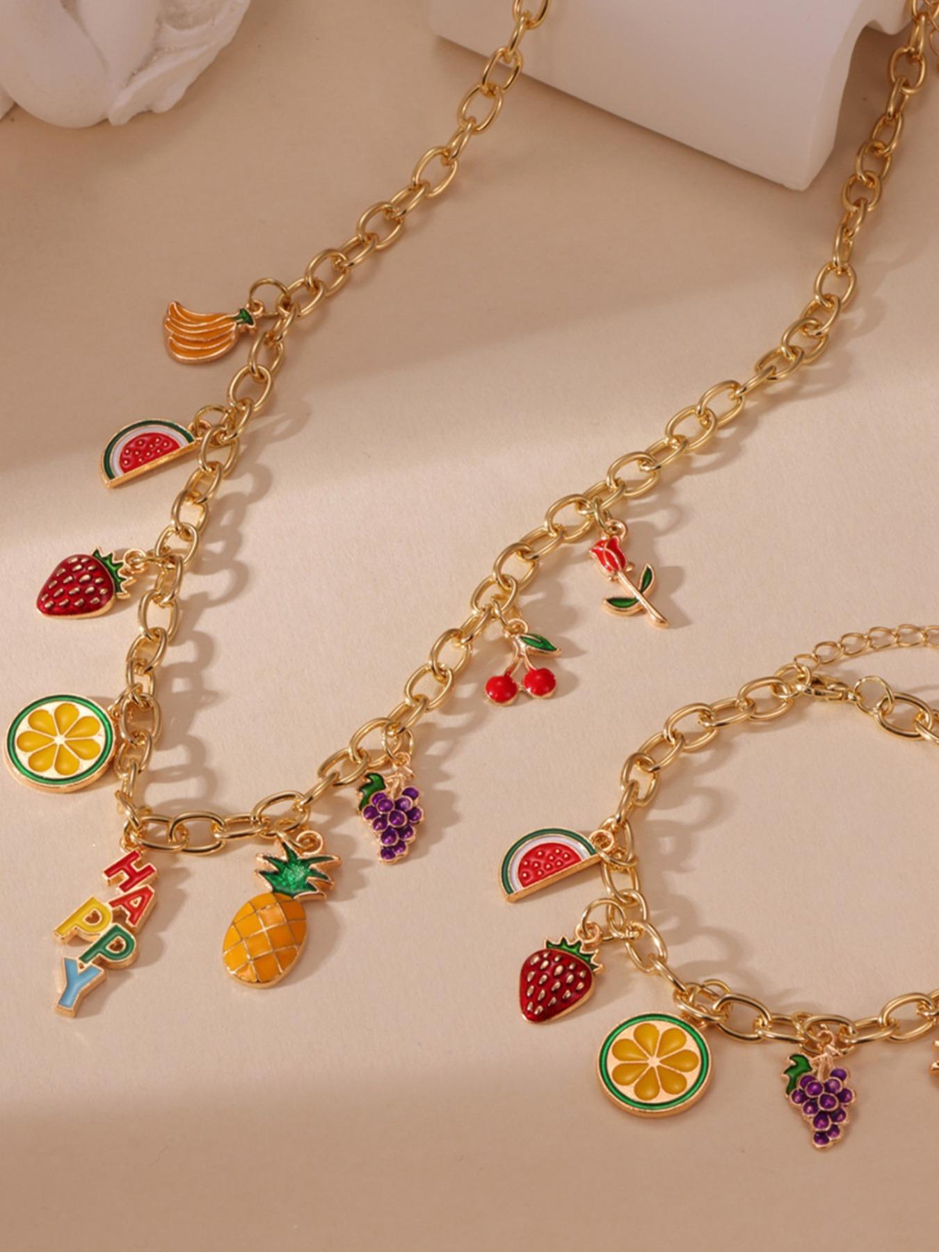 Women's Fruit Necklace Bracelet Set, Watermelon Strawberry Cherry Design, Elegant Summer Jewelry Accessories for Women & Girls